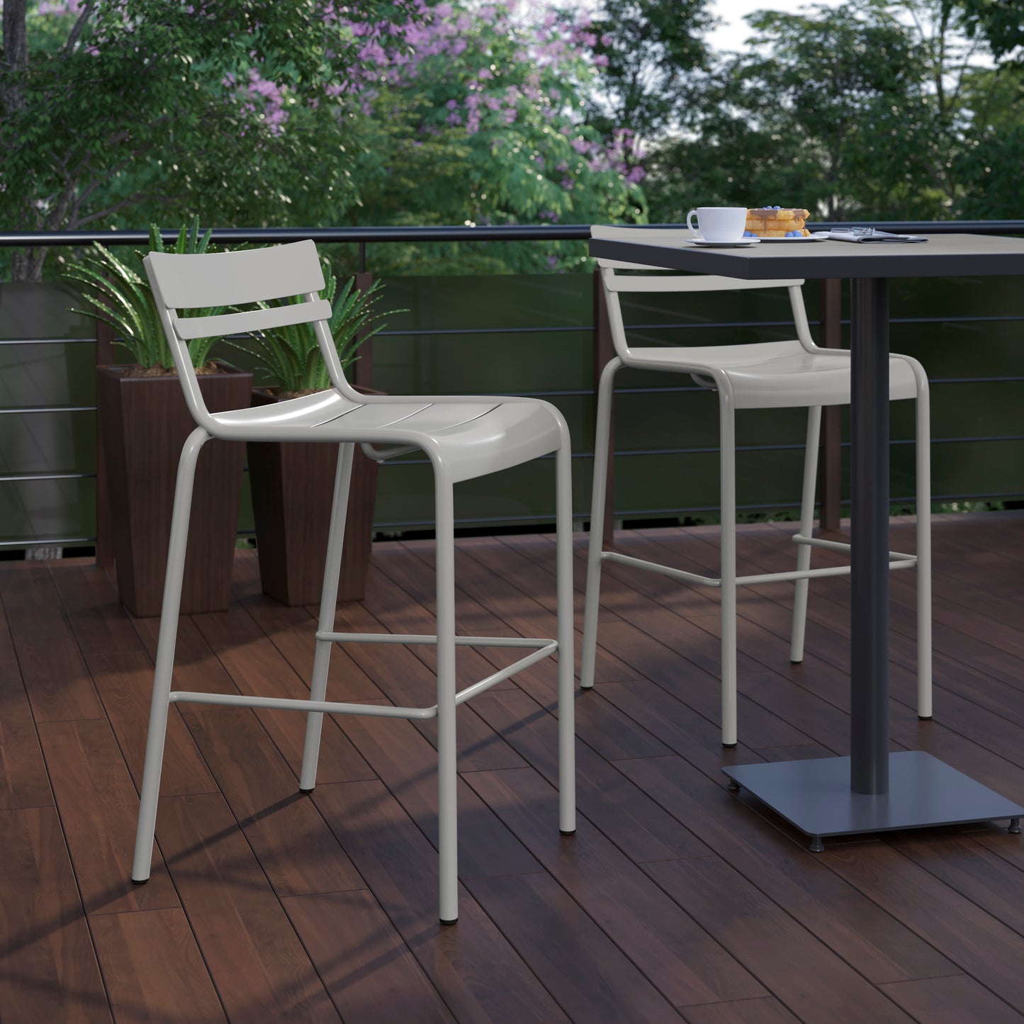 Nash Commercial Grade Silver Metal Indoor-Outdoor Bar Height Stool with 2 Slats Silver
