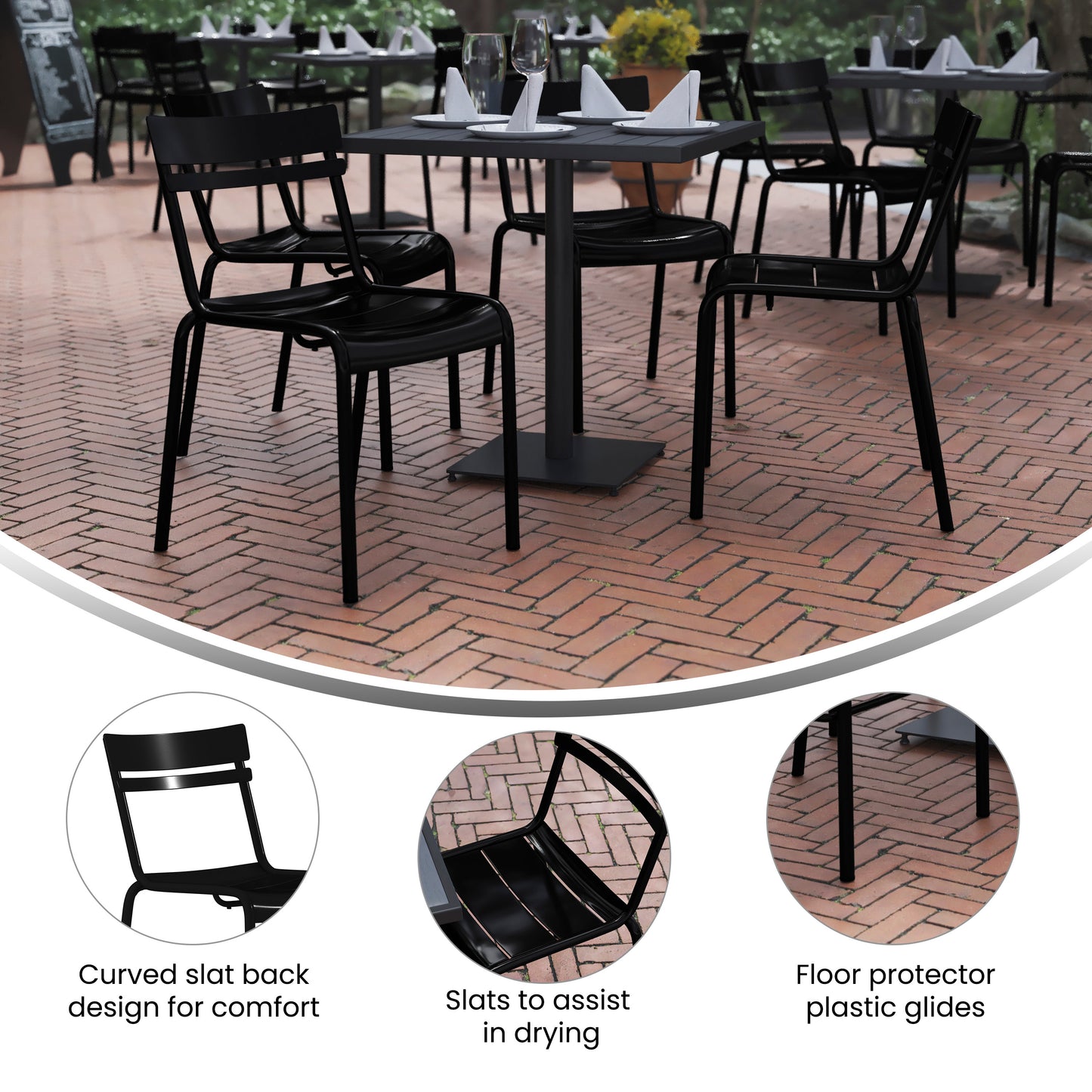 Nash Commercial Grade Steel Stack Chair, Indoor-Outdoor Armless Chair with 2 Slat Back in Black Black