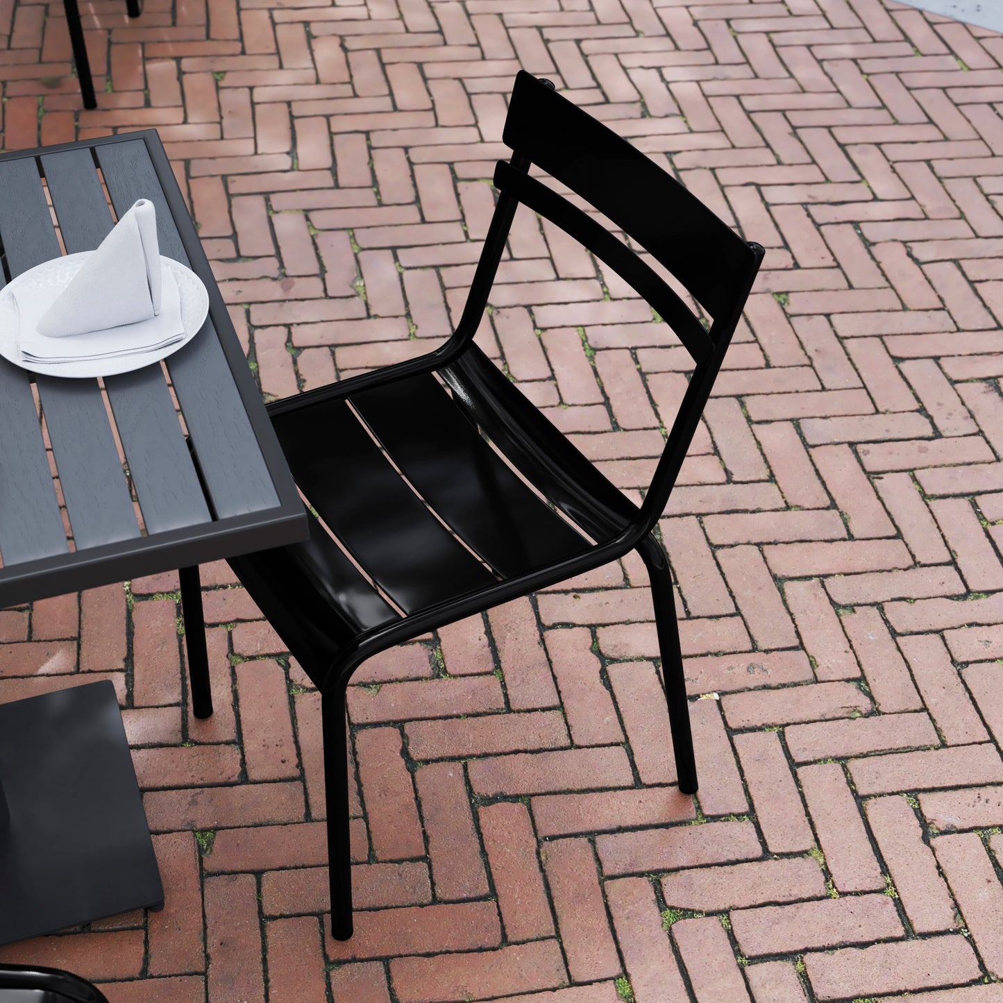 Nash Commercial Grade Steel Stack Chair, Indoor-Outdoor Armless Chair with 2 Slat Back in Black Black