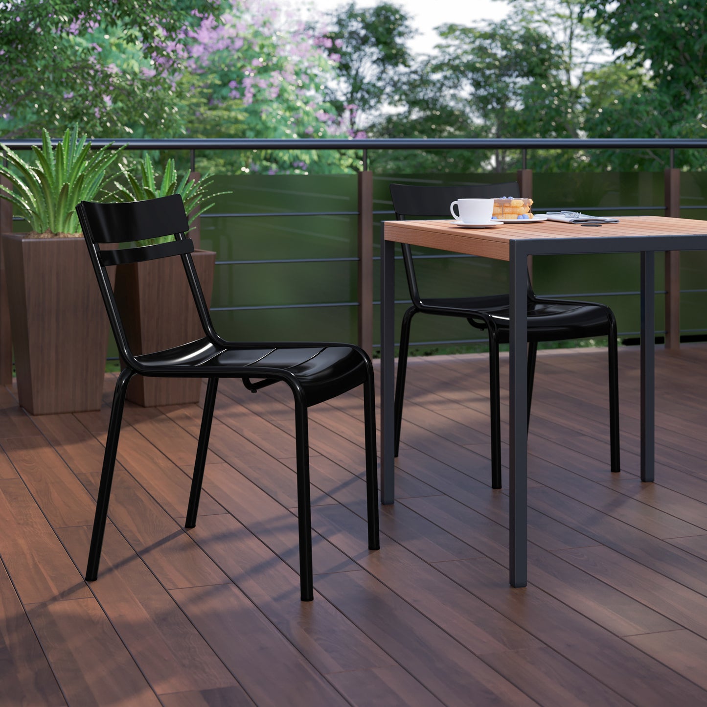 Nash Commercial Grade Steel Stack Chair, Indoor-Outdoor Armless Chair with 2 Slat Back in Black Black