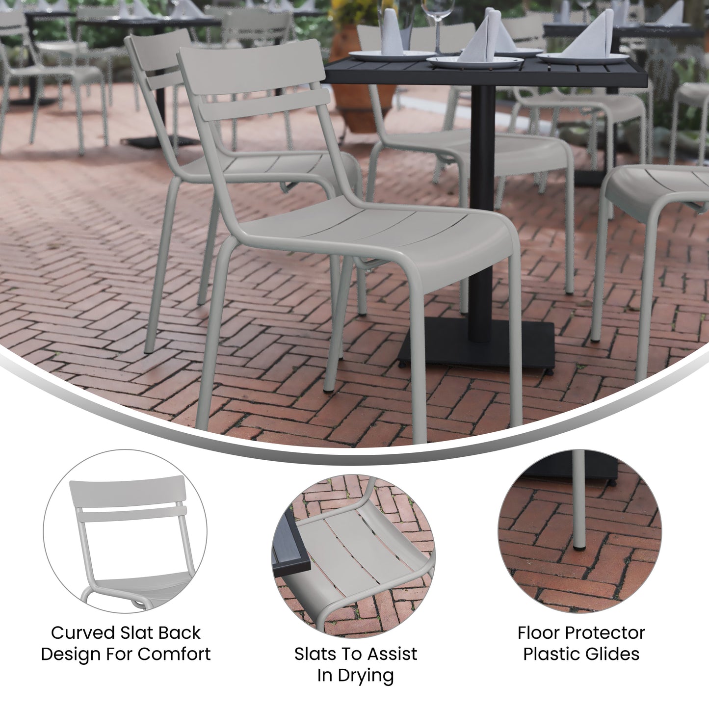 Nash Commercial Grade Steel Stack Chair, Indoor-Outdoor Armless Chair with 2 Slat Back in Quicksilver Silver