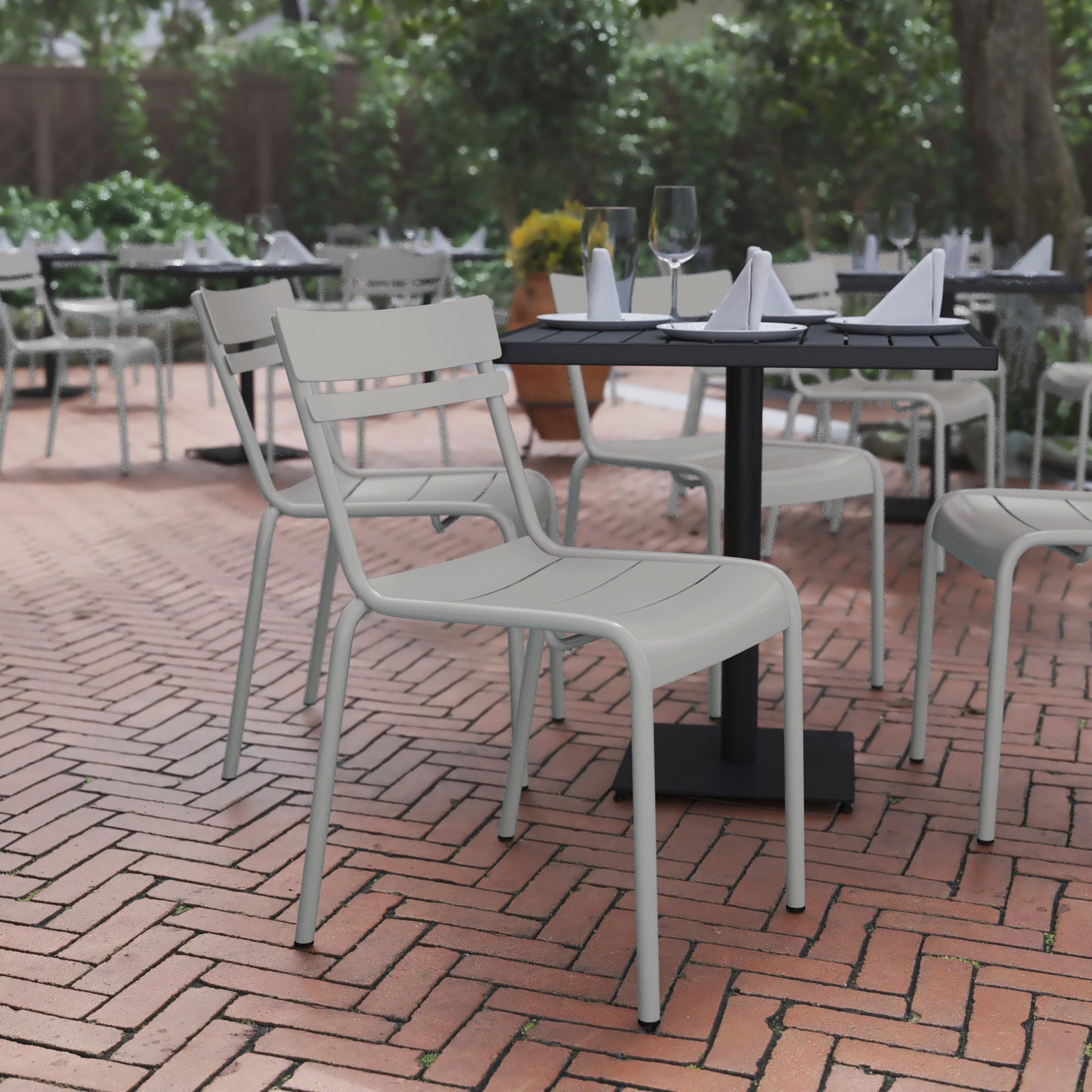Nash Commercial Grade Steel Stack Chair, Indoor-Outdoor Armless Chair with 2 Slat Back in Quicksilver Silver