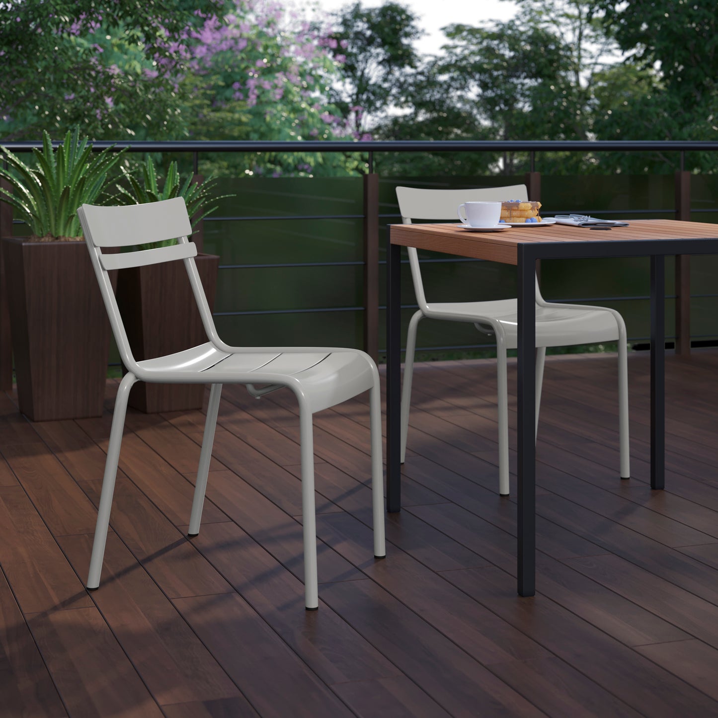 Nash Commercial Grade Steel Stack Chair, Indoor-Outdoor Armless Chair with 2 Slat Back in Quicksilver Silver
