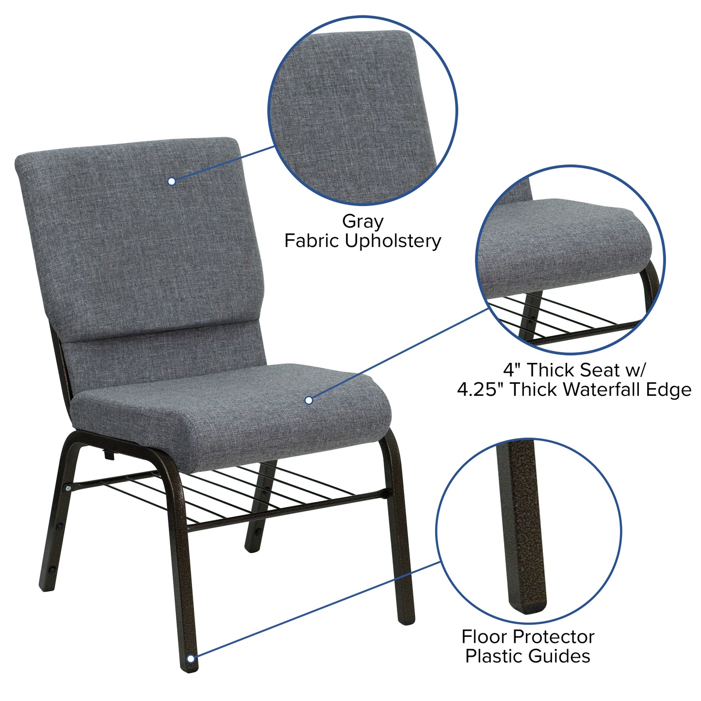 HERCULES Series 18.5''W Church Chair in Gray Fabric with Book Rack - Gold Vein Frame Gray Fabric/Gold Vein Frame