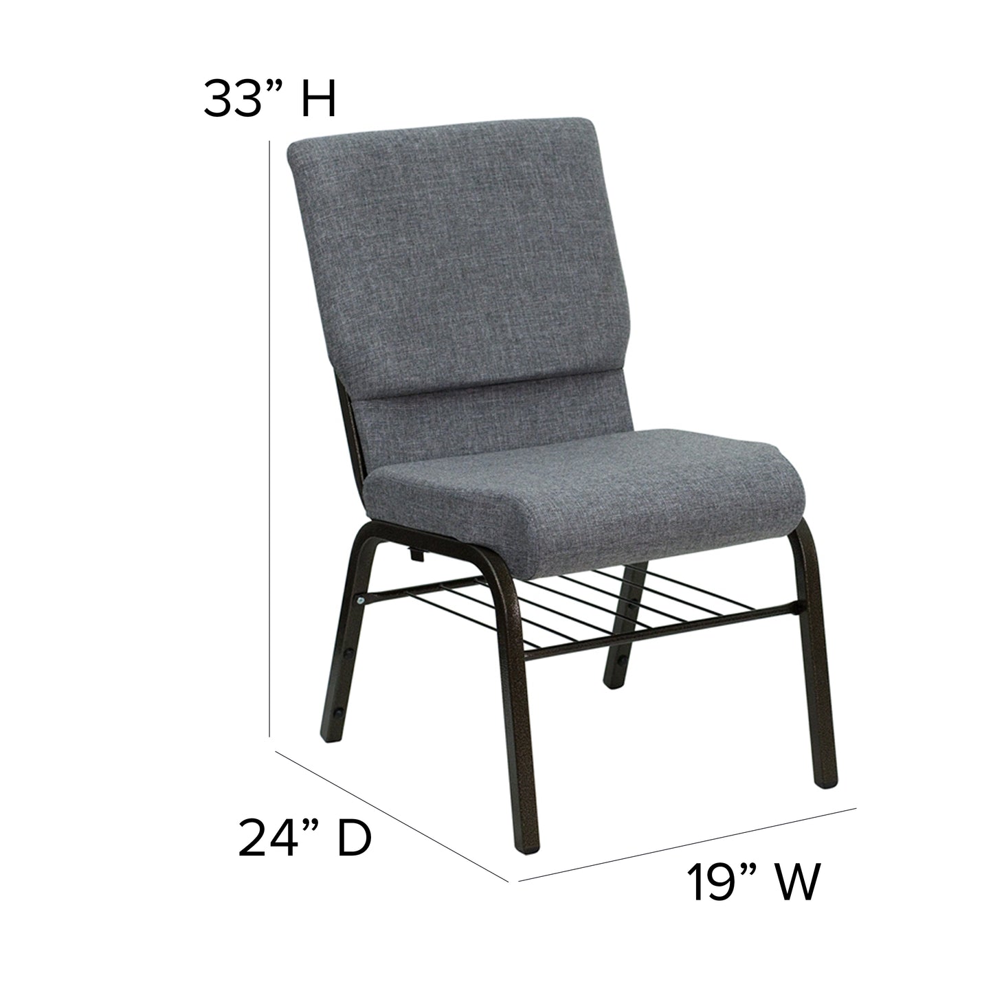 HERCULES Series 18.5''W Church Chair in Gray Fabric with Book Rack - Gold Vein Frame Gray Fabric/Gold Vein Frame