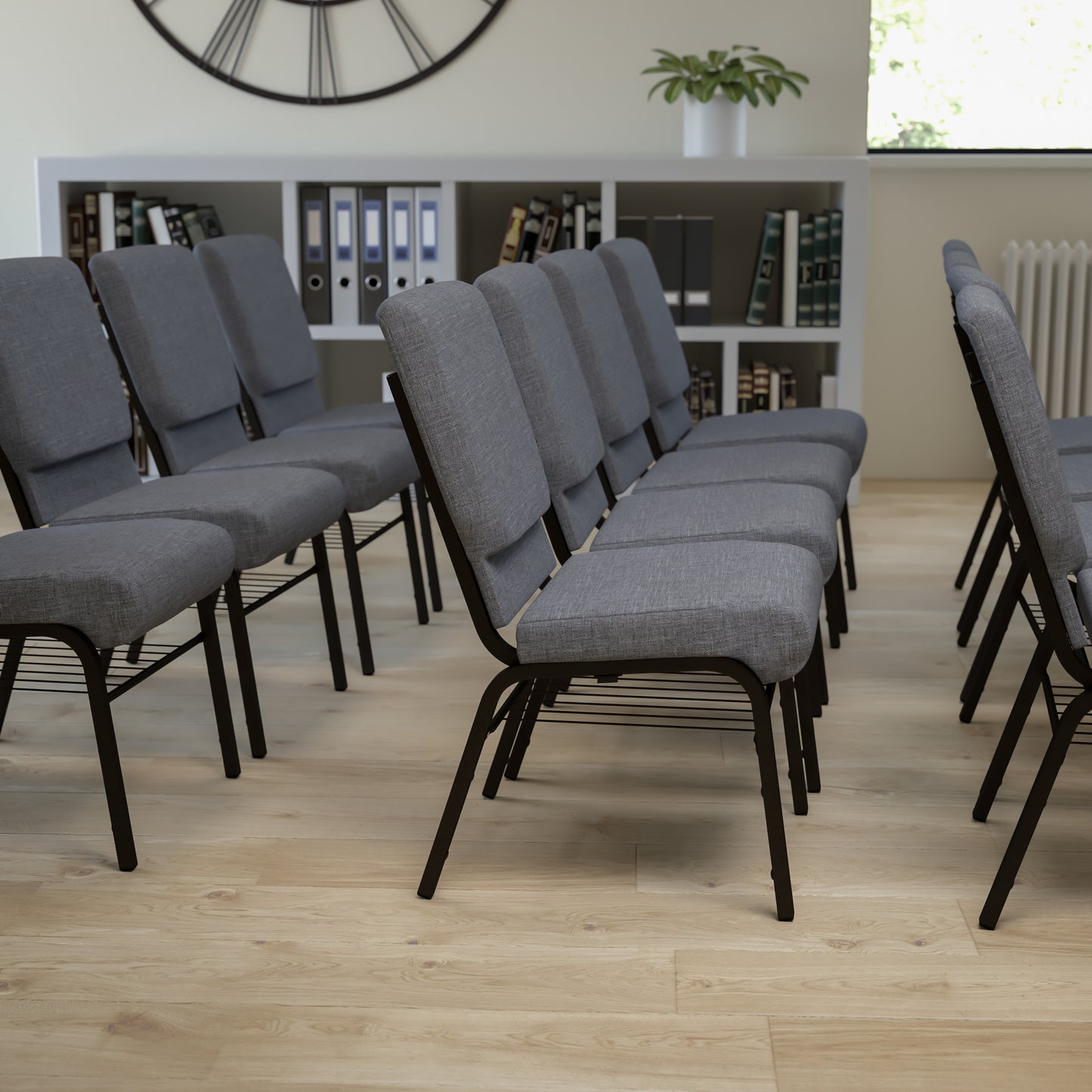 HERCULES Series 18.5''W Church Chair in Gray Fabric with Book Rack - Gold Vein Frame Gray Fabric/Gold Vein Frame