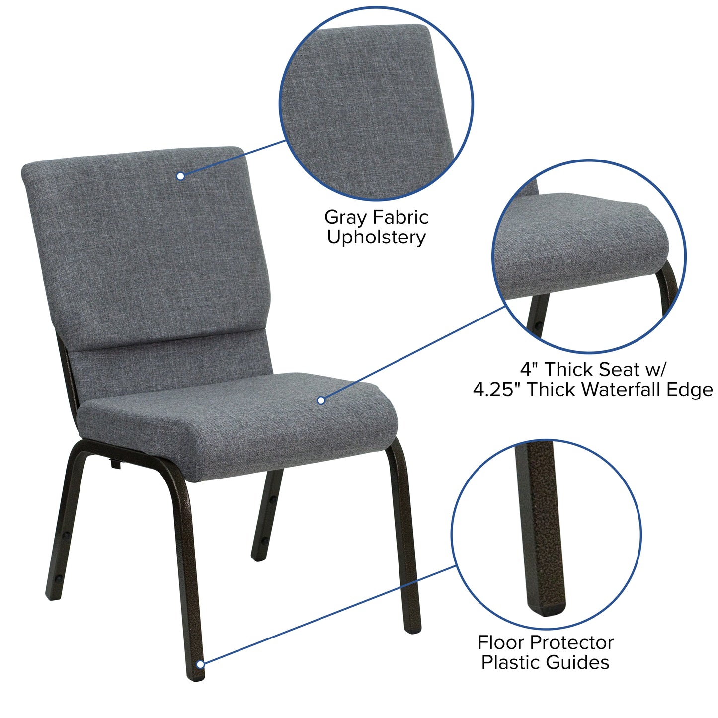 HERCULES Series 18.5''W Stacking Church Chair in Gray Fabric - Gold Vein Frame Gray Fabric/Gold Vein Frame