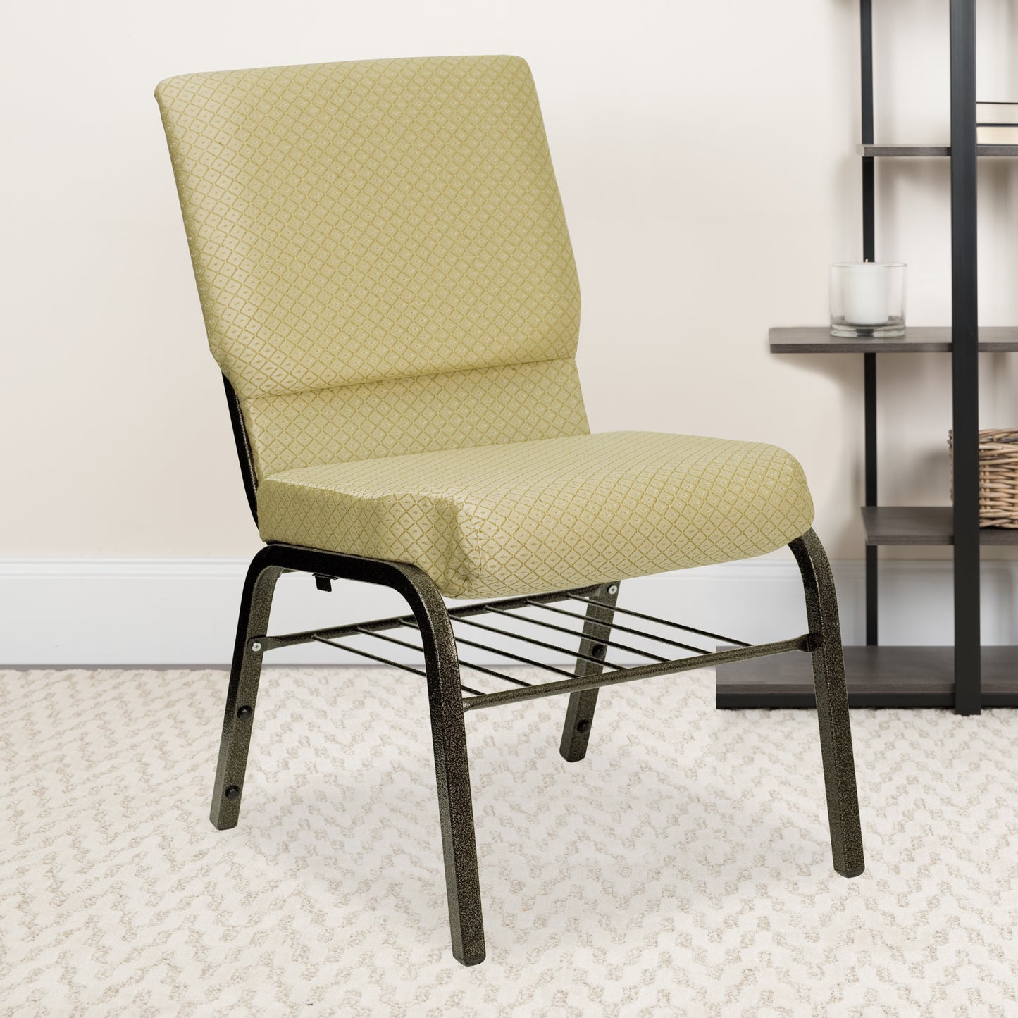 HERCULES Series 18.5''W Church Chair in Beige Patterned Fabric with Book Rack - Gold Vein Frame Beige Patterned Fabric/Gold Vein Frame