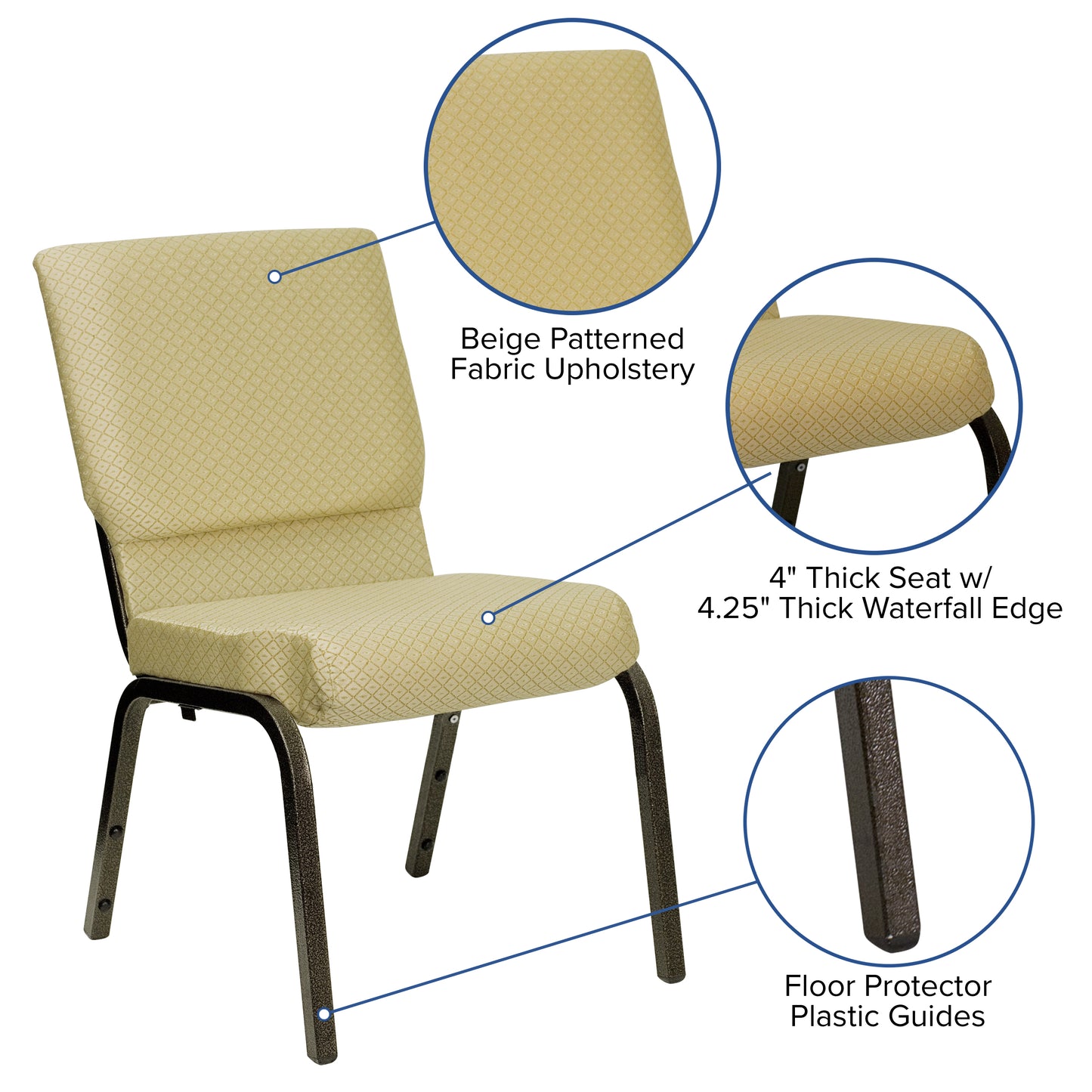 HERCULES Series 18.5''W Stacking Church Chair in Beige Patterned Fabric - Gold Vein Frame Beige Patterned Fabric/Gold Vein Frame