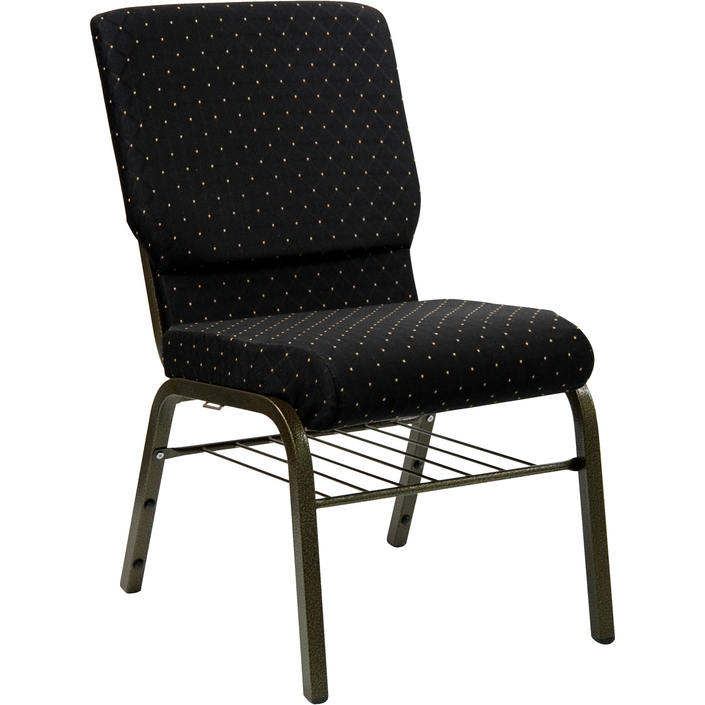 HERCULES Series 18.5''W Church Chair in Black Dot Patterned Fabric with Book Rack - Gold Vein Frame Black Dot Patterned Fabric/Gold Vein Frame