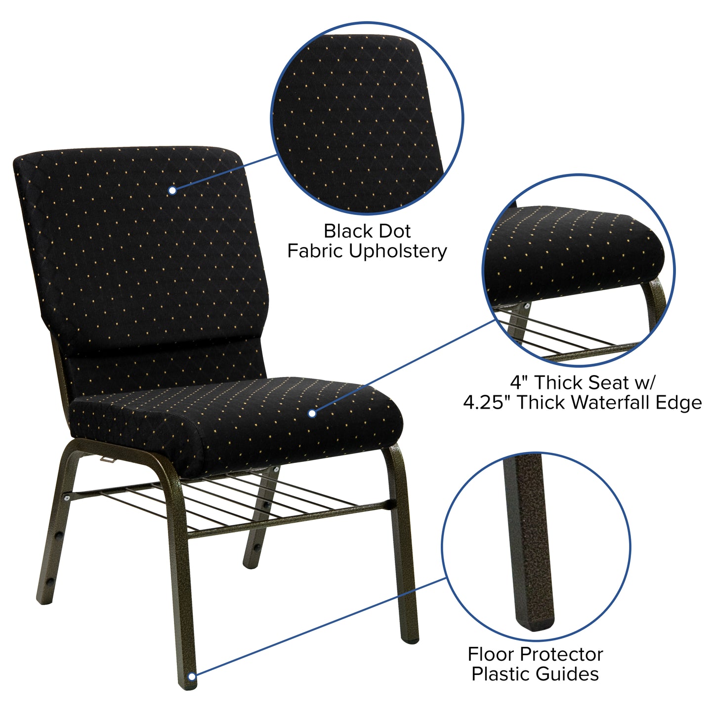 HERCULES Series 18.5''W Church Chair in Black Dot Patterned Fabric with Book Rack - Gold Vein Frame Black Dot Patterned Fabric/Gold Vein Frame