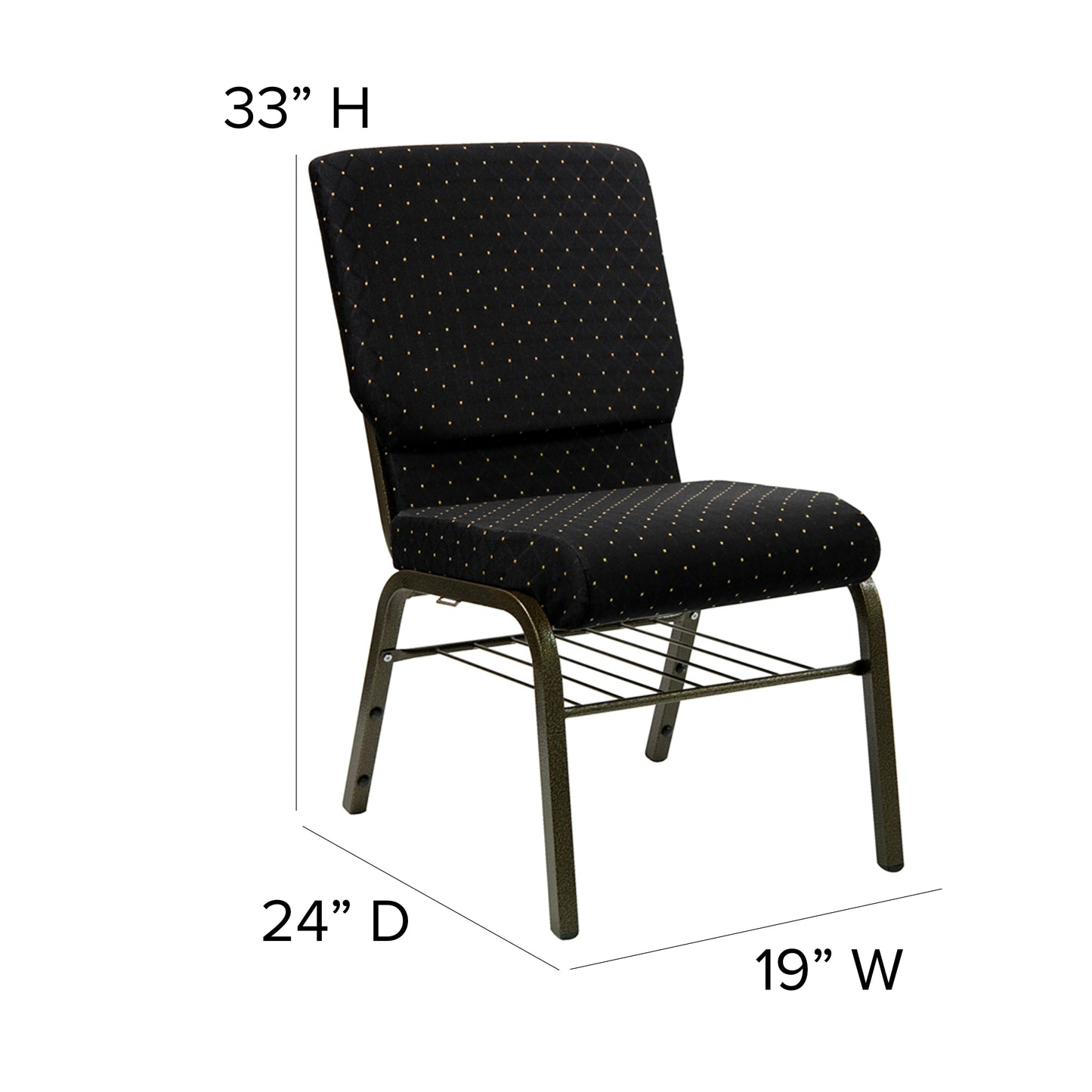 HERCULES Series 18.5''W Church Chair in Black Dot Patterned Fabric with Book Rack - Gold Vein Frame Black Dot Patterned Fabric/Gold Vein Frame