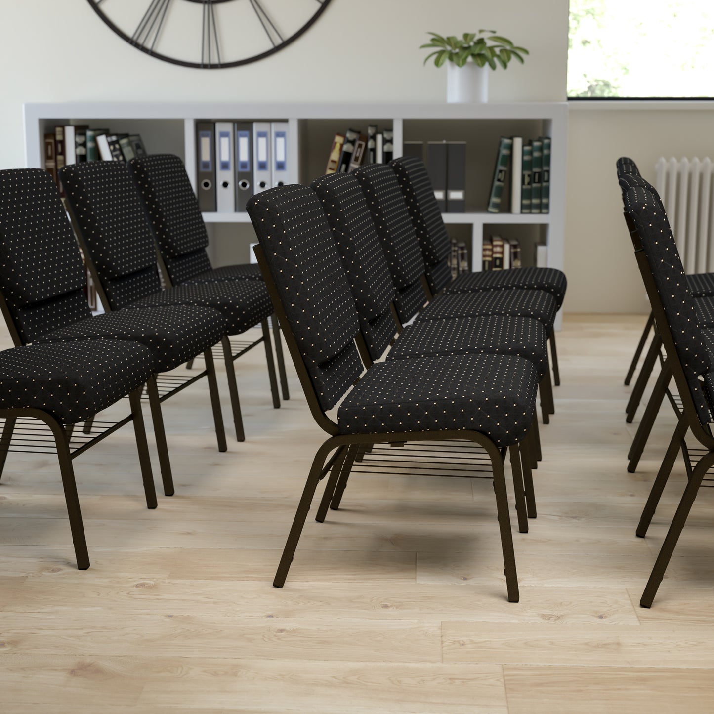 HERCULES Series 18.5''W Church Chair in Black Dot Patterned Fabric with Book Rack - Gold Vein Frame Black Dot Patterned Fabric/Gold Vein Frame