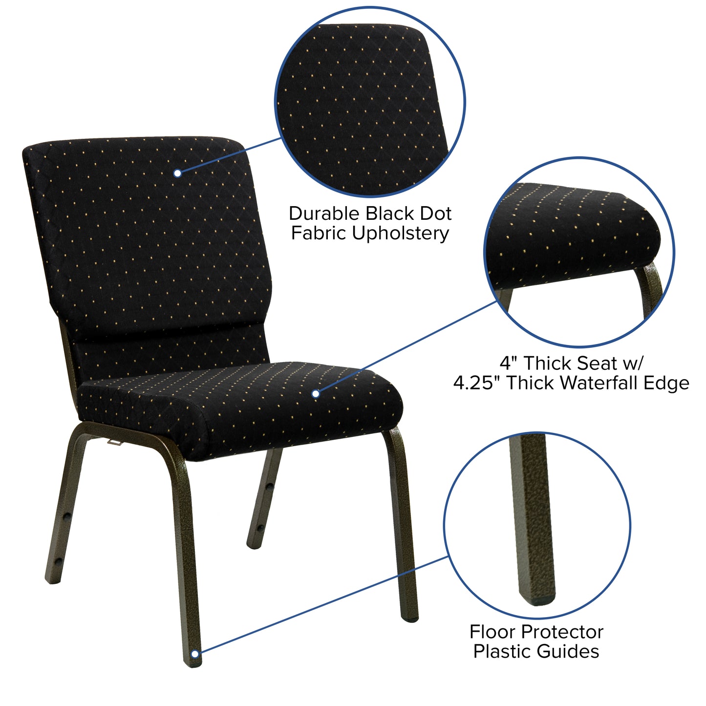 HERCULES Series 18.5''W Stacking Church Chair in Black Dot Patterned Fabric - Gold Vein Frame Black Dot Patterned Fabric/Gold Vein Frame