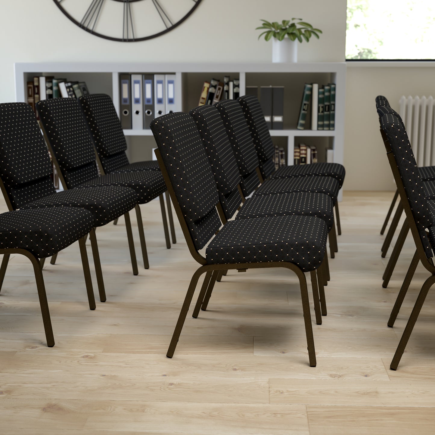 HERCULES Series 18.5''W Stacking Church Chair in Black Dot Patterned Fabric - Gold Vein Frame Black Dot Patterned Fabric/Gold Vein Frame