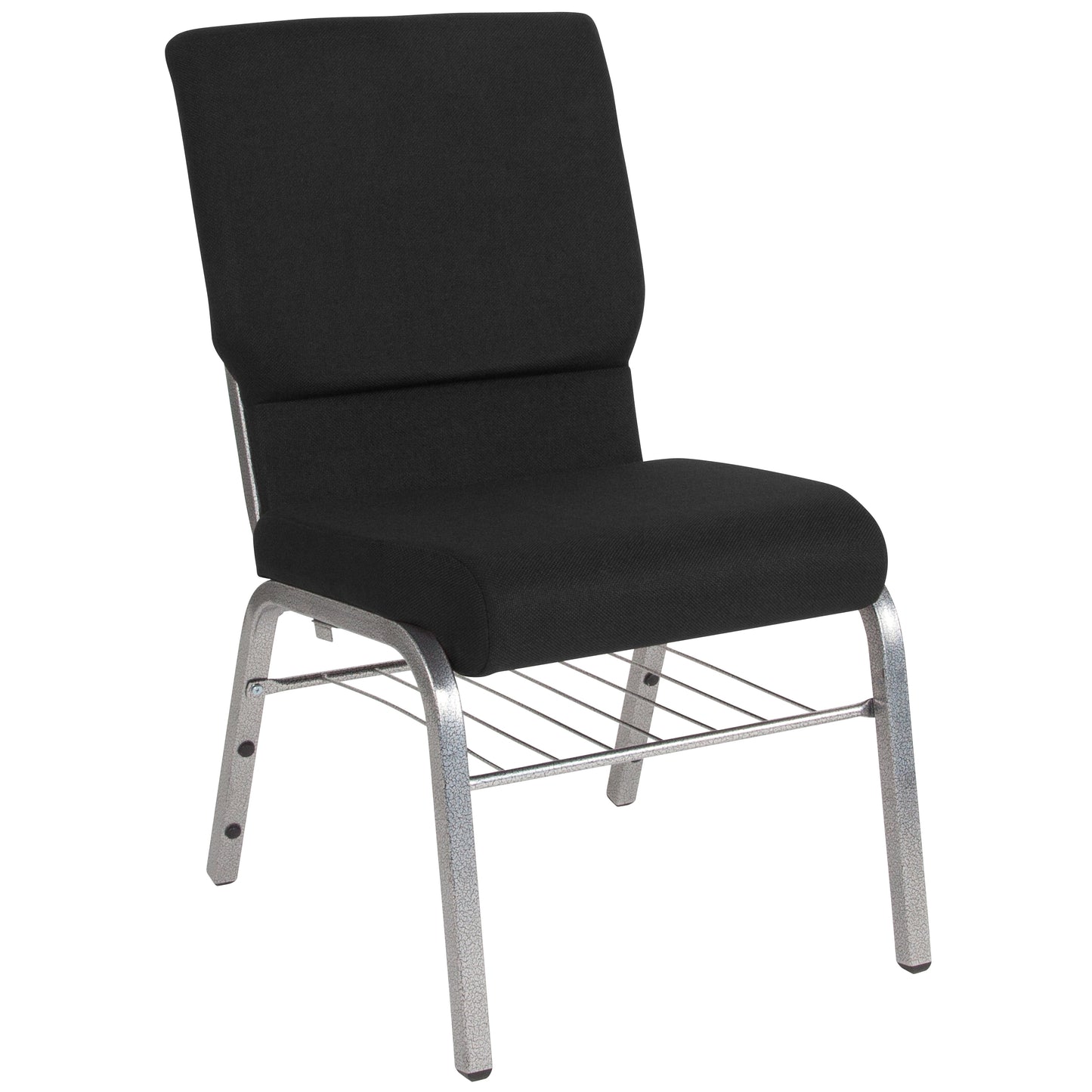 HERCULES Series 18.5''W Church Chair in Black Fabric with Book Rack - Silver Vein Frame Black Fabric/Silver Vein Frame