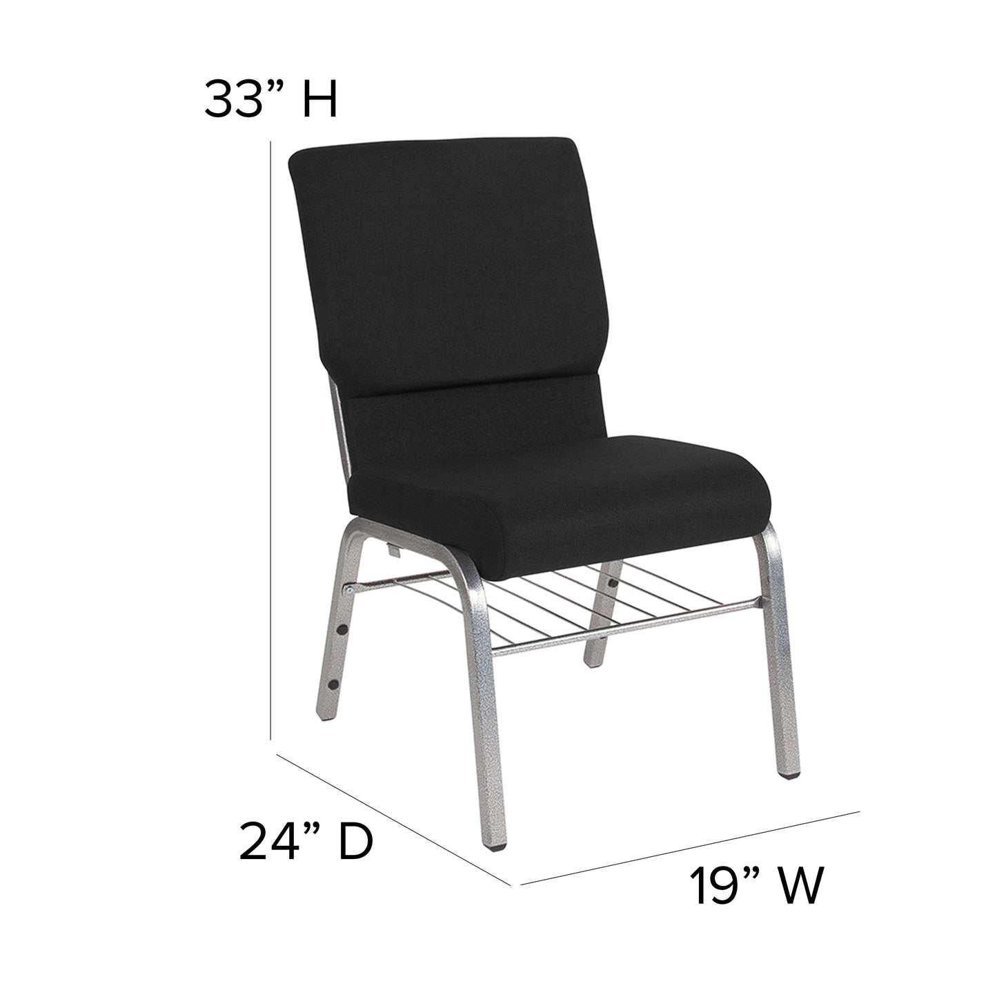HERCULES Series 18.5''W Church Chair in Black Fabric with Book Rack - Silver Vein Frame Black Fabric/Silver Vein Frame
