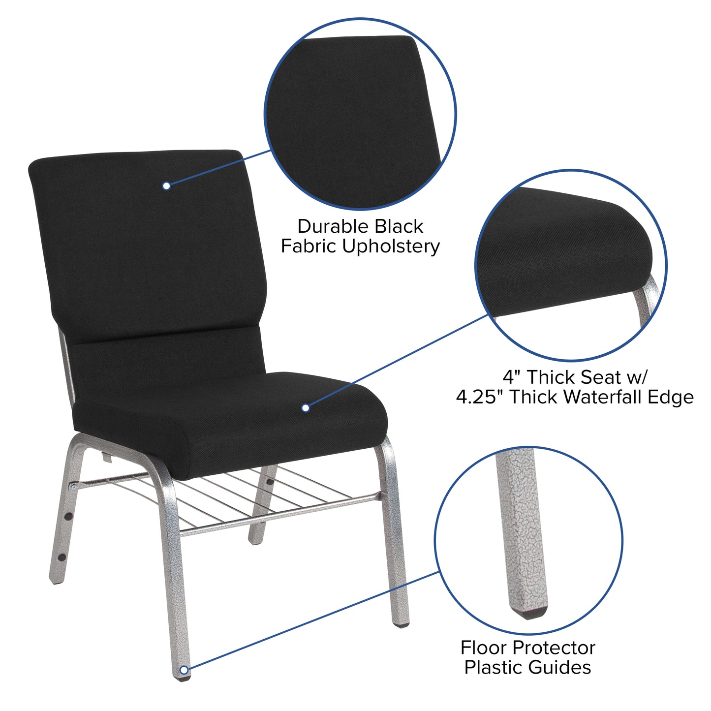 HERCULES Series 18.5''W Church Chair in Black Fabric with Book Rack - Silver Vein Frame Black Fabric/Silver Vein Frame