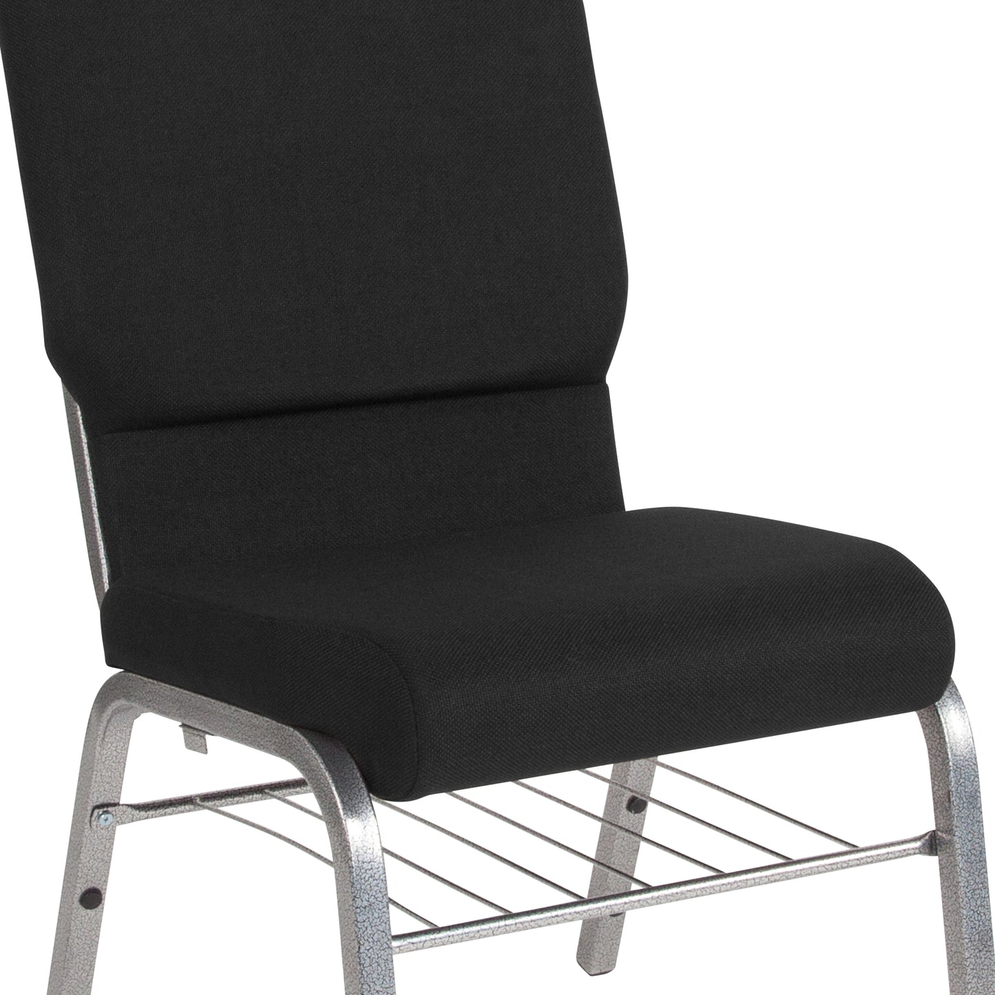 HERCULES Series 18.5''W Church Chair in Black Fabric with Book Rack - Silver Vein Frame Black Fabric/Silver Vein Frame