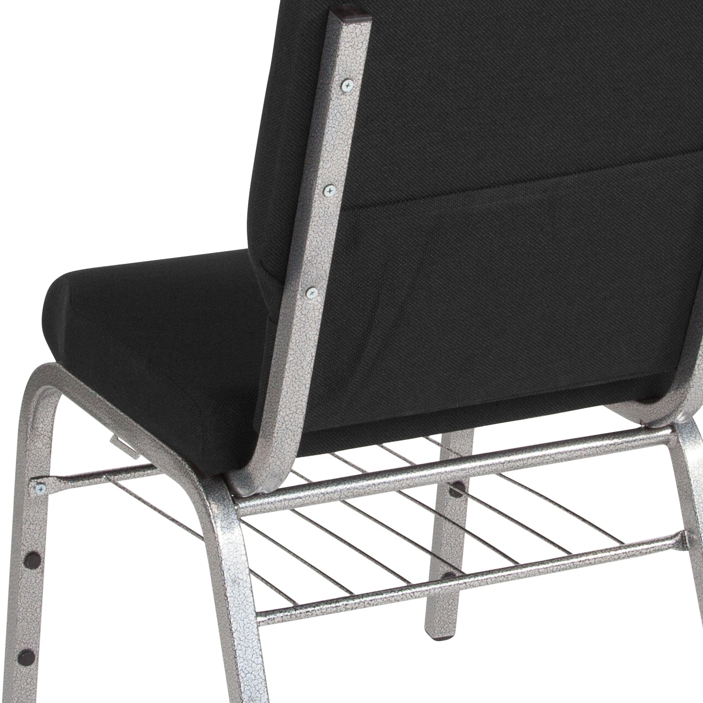 HERCULES Series 18.5''W Church Chair in Black Fabric with Book Rack - Silver Vein Frame Black Fabric/Silver Vein Frame