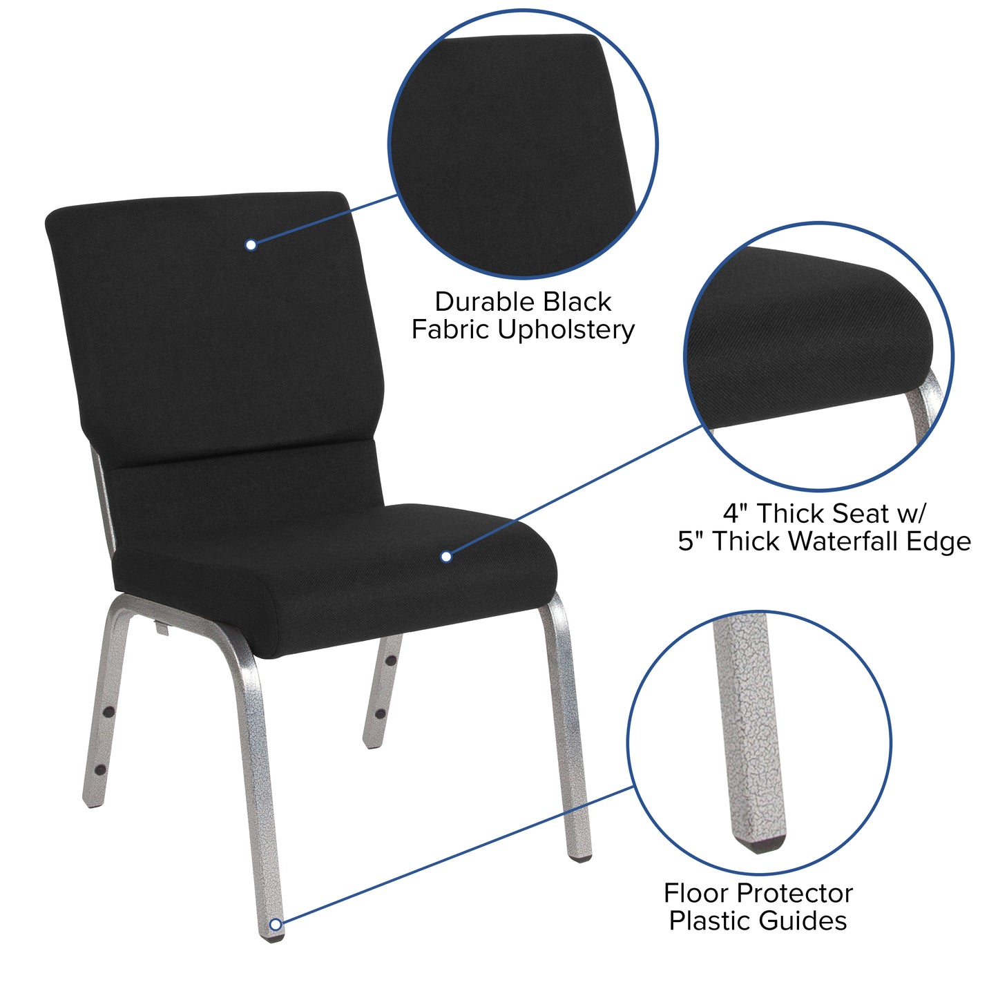 HERCULES Series 18.5''W Stacking Church Chair in Black Fabric - Silver Vein Frame Black Fabric/Silver Vein Frame