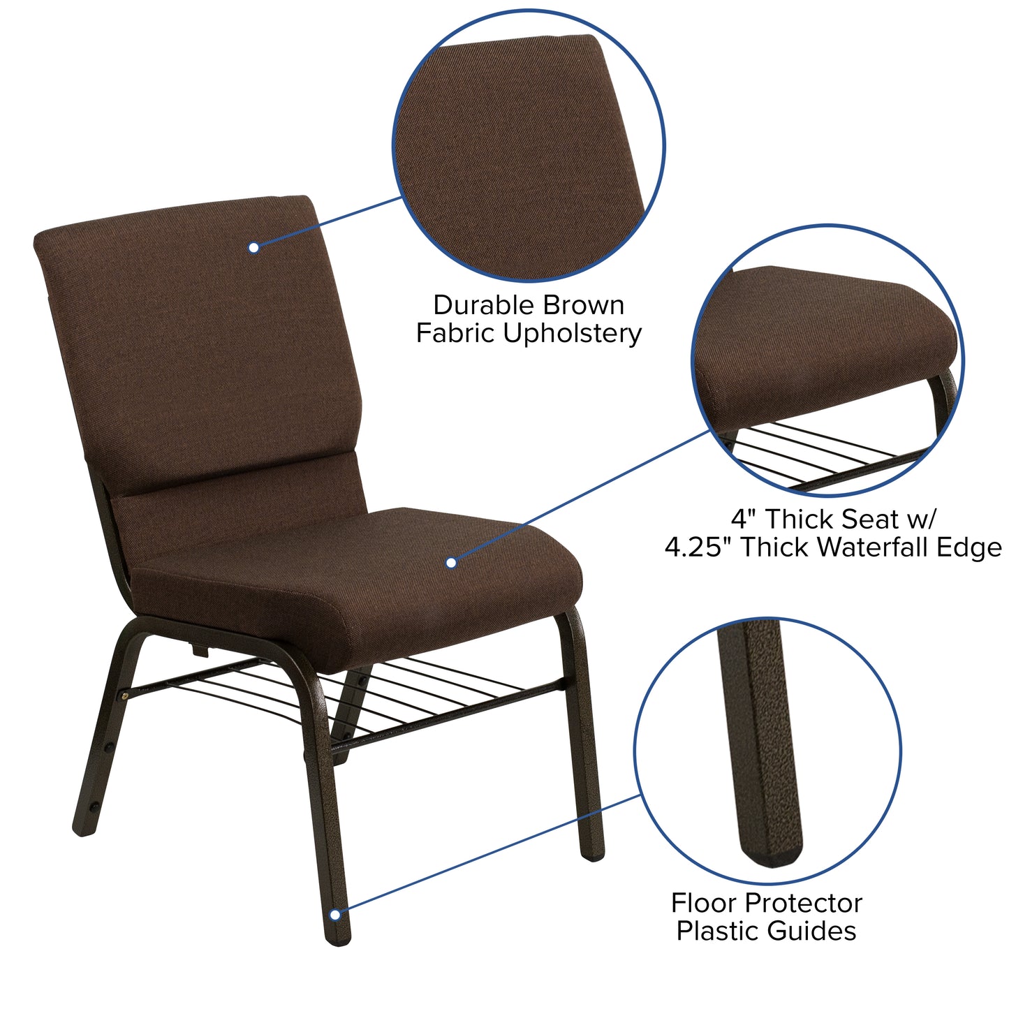 HERCULES Series 18.5''W Church Chair in Brown Fabric with Book Rack - Gold Vein Frame Brown Fabric/Gold Vein Frame
