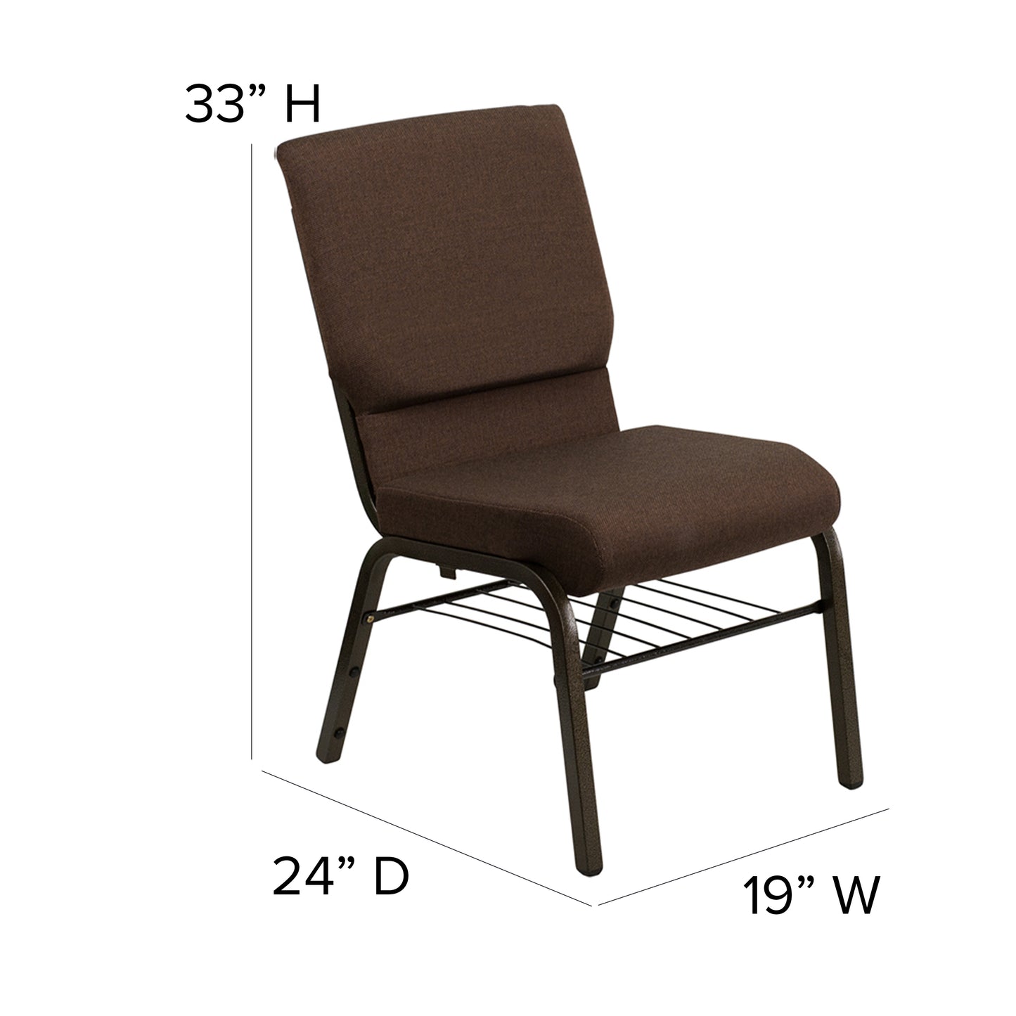 HERCULES Series 18.5''W Church Chair in Brown Fabric with Book Rack - Gold Vein Frame Brown Fabric/Gold Vein Frame