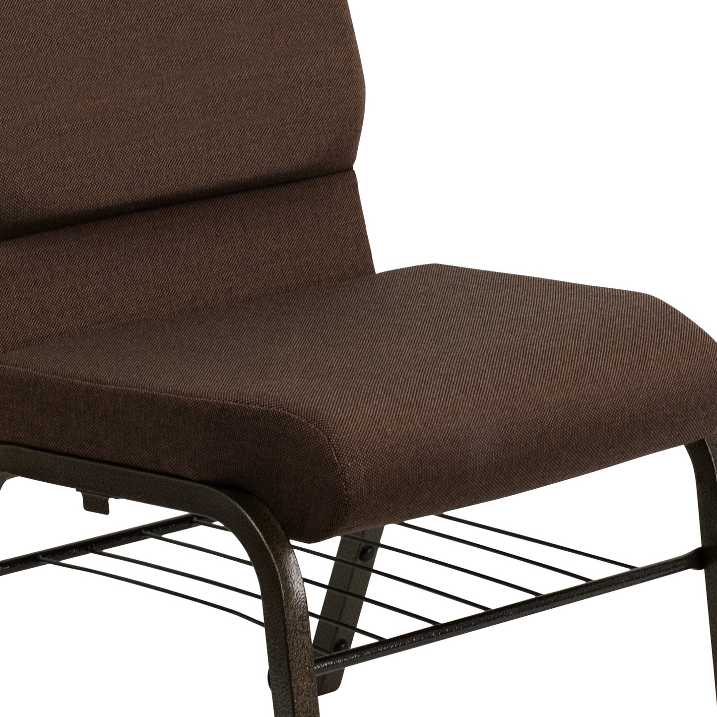 HERCULES Series 18.5''W Church Chair in Brown Fabric with Book Rack - Gold Vein Frame Brown Fabric/Gold Vein Frame