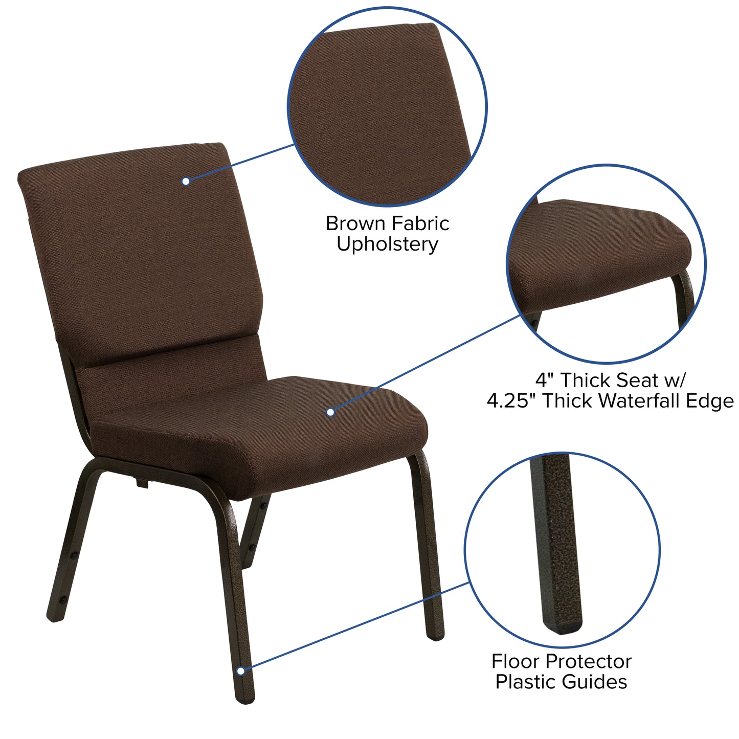 HERCULES Series 18.5''W Stacking Church Chair in Brown Fabric - Gold Vein Frame Brown Fabric/Gold Vein Frame