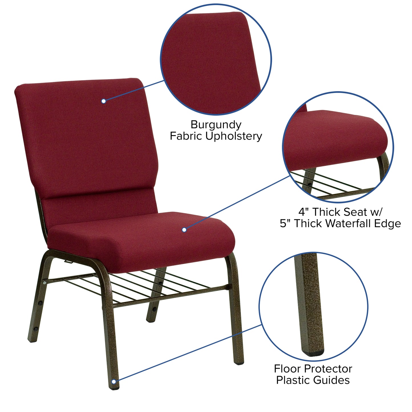 HERCULES Series 18.5''W Church Chair in Burgundy Fabric with Book Rack - Gold Vein Frame Burgundy Fabric/Gold Vein Frame