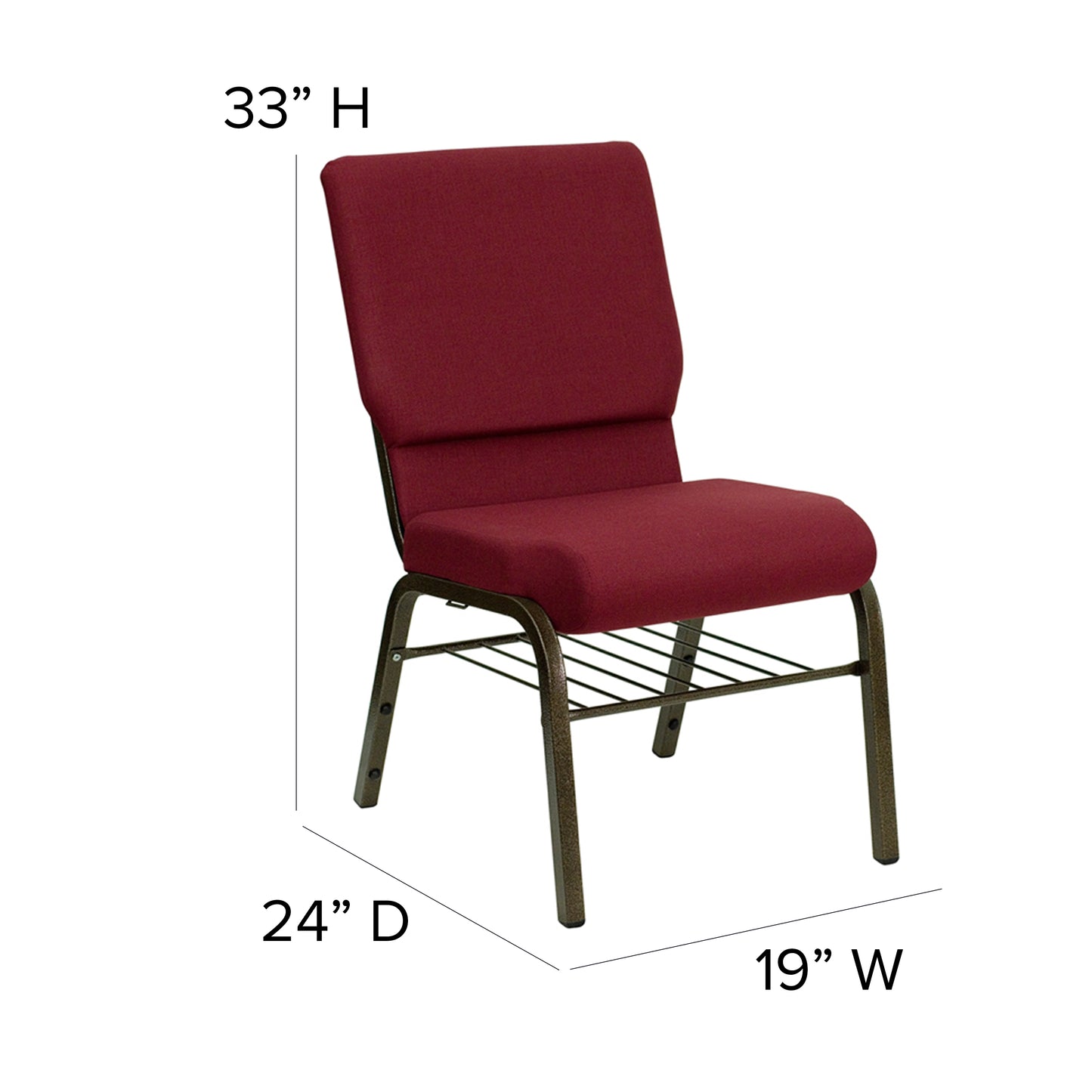 HERCULES Series 18.5''W Church Chair in Burgundy Fabric with Book Rack - Gold Vein Frame Burgundy Fabric/Gold Vein Frame