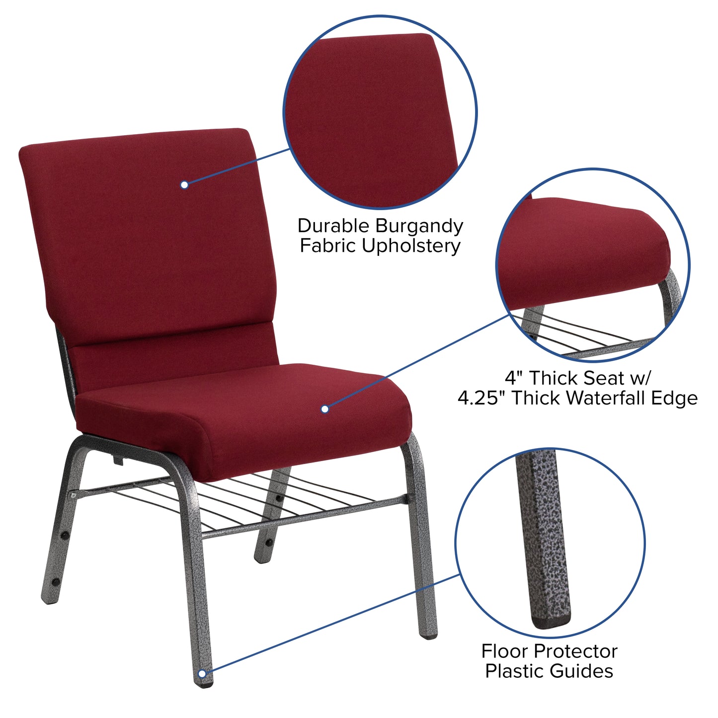 HERCULES Series 18.5''W Church Chair in Burgundy Fabric with Book Rack - Silver Vein Frame Burgundy Fabric/Silver Vein Frame