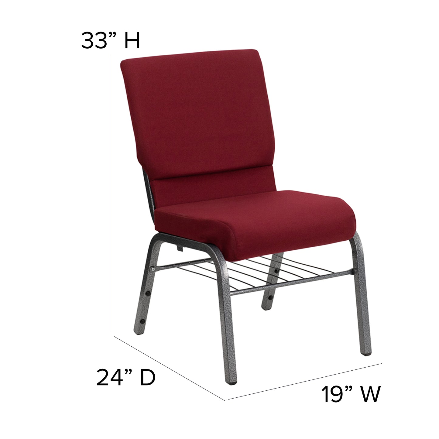 HERCULES Series 18.5''W Church Chair in Burgundy Fabric with Book Rack - Silver Vein Frame Burgundy Fabric/Silver Vein Frame