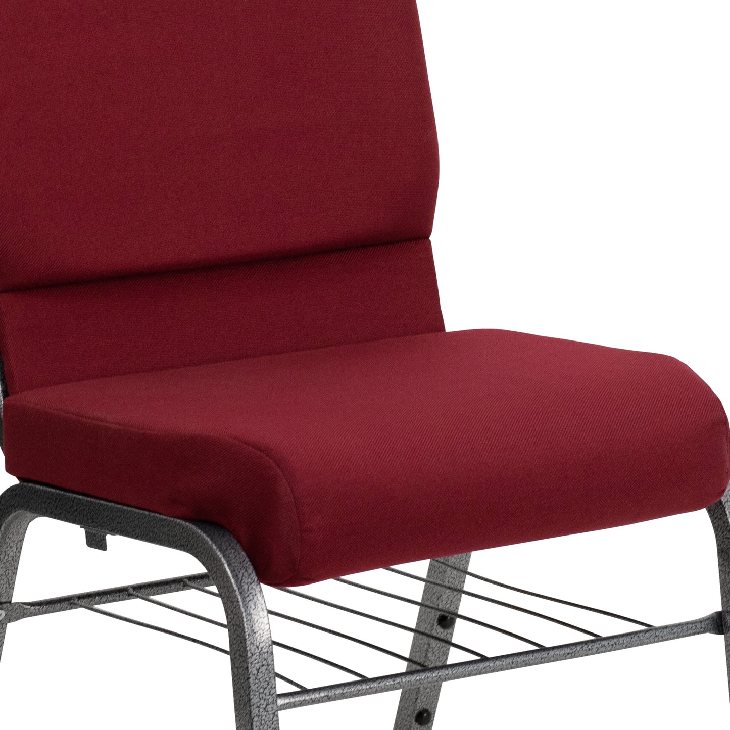 HERCULES Series 18.5''W Church Chair in Burgundy Fabric with Book Rack - Silver Vein Frame Burgundy Fabric/Silver Vein Frame
