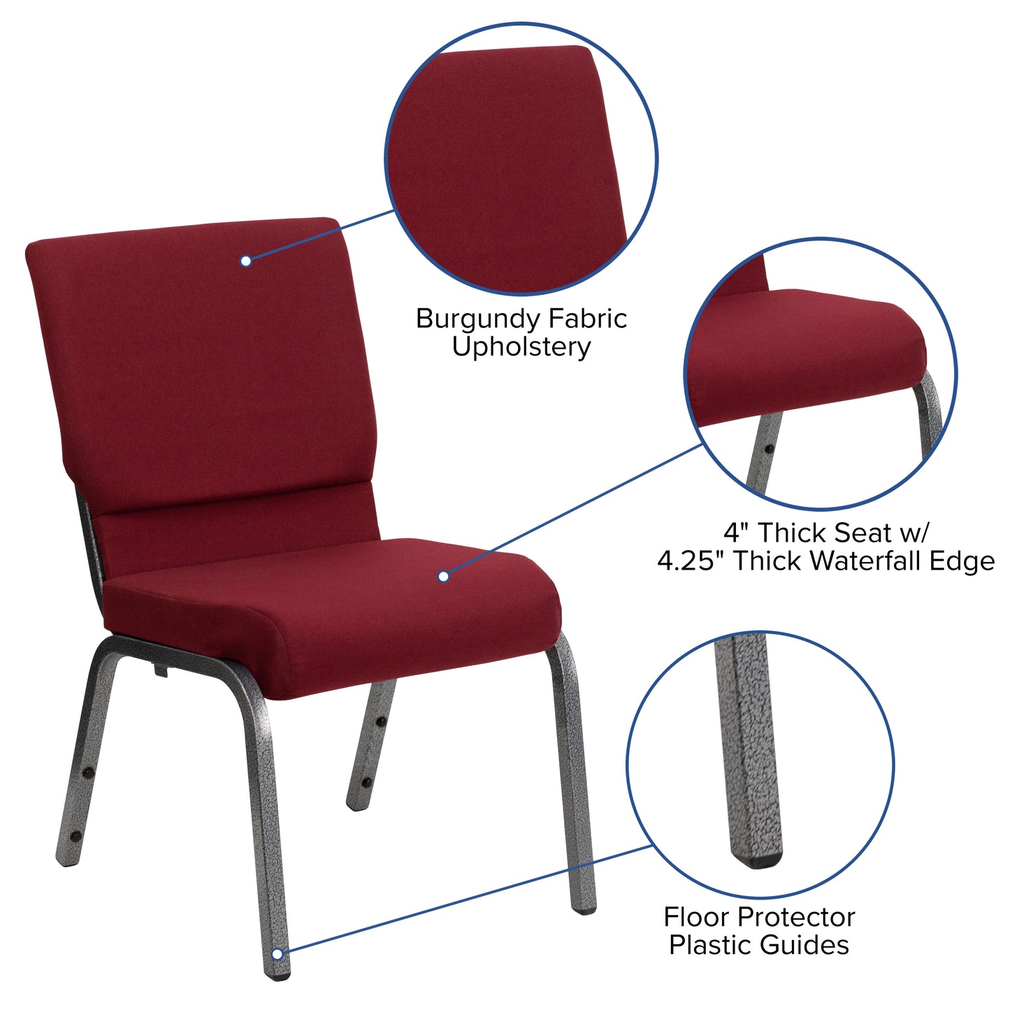 HERCULES Series 18.5''W Stacking Church Chair in Burgundy Fabric - Silver Vein Frame Burgundy Fabric/Silver Vein Frame
