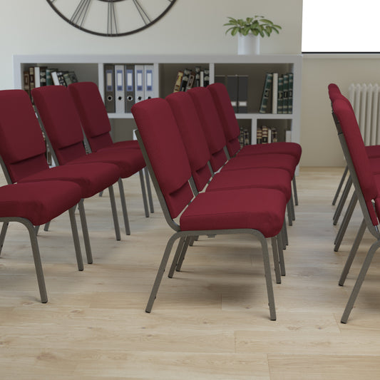 HERCULES Series 18.5''W Stacking Church Chair in Burgundy Fabric - Silver Vein Frame Burgundy Fabric/Silver Vein Frame
