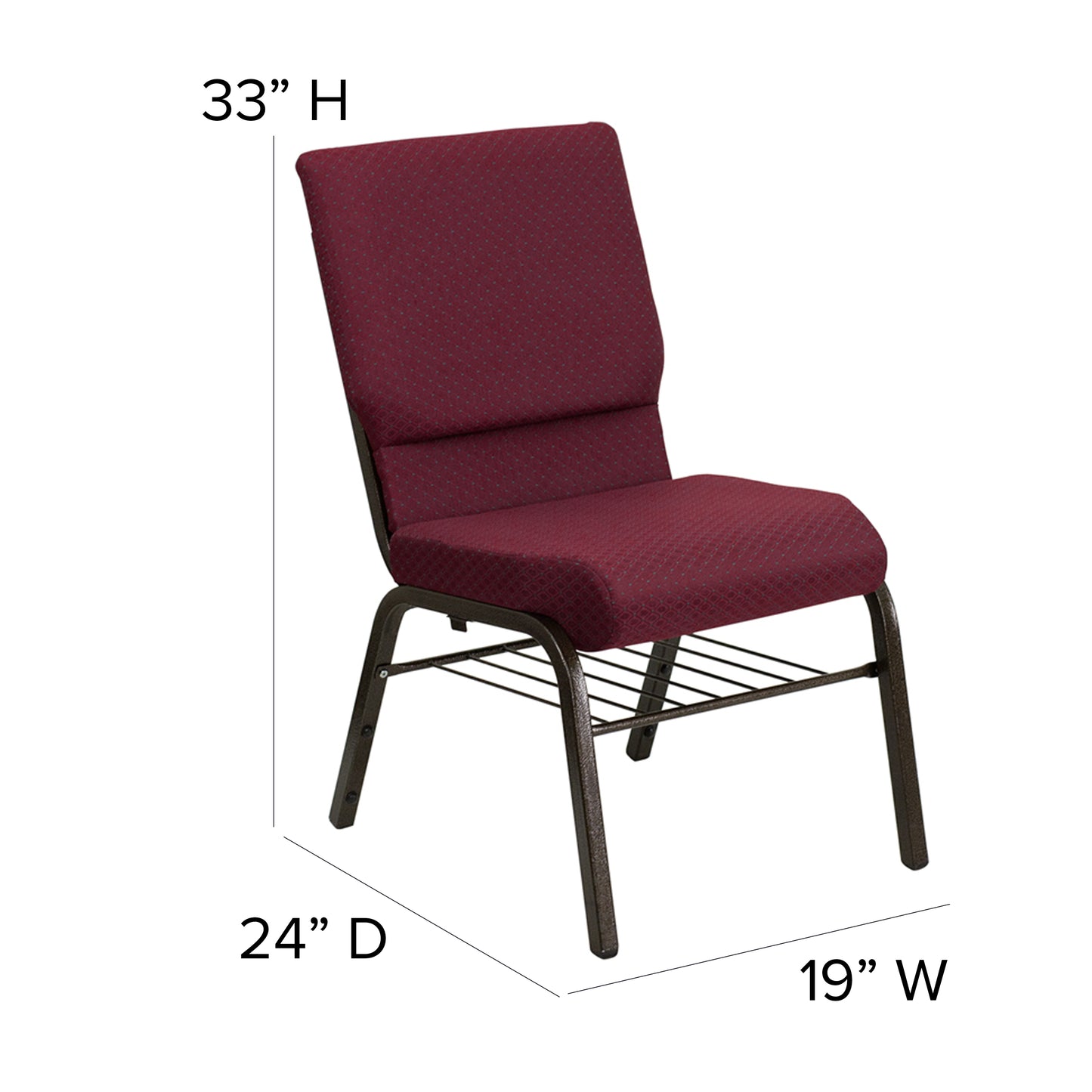 HERCULES Series 18.5''W Church Chair in Burgundy Patterned Fabric with Book Rack - Gold Vein Frame Burgundy Patterned Fabric/Gold Vein Frame
