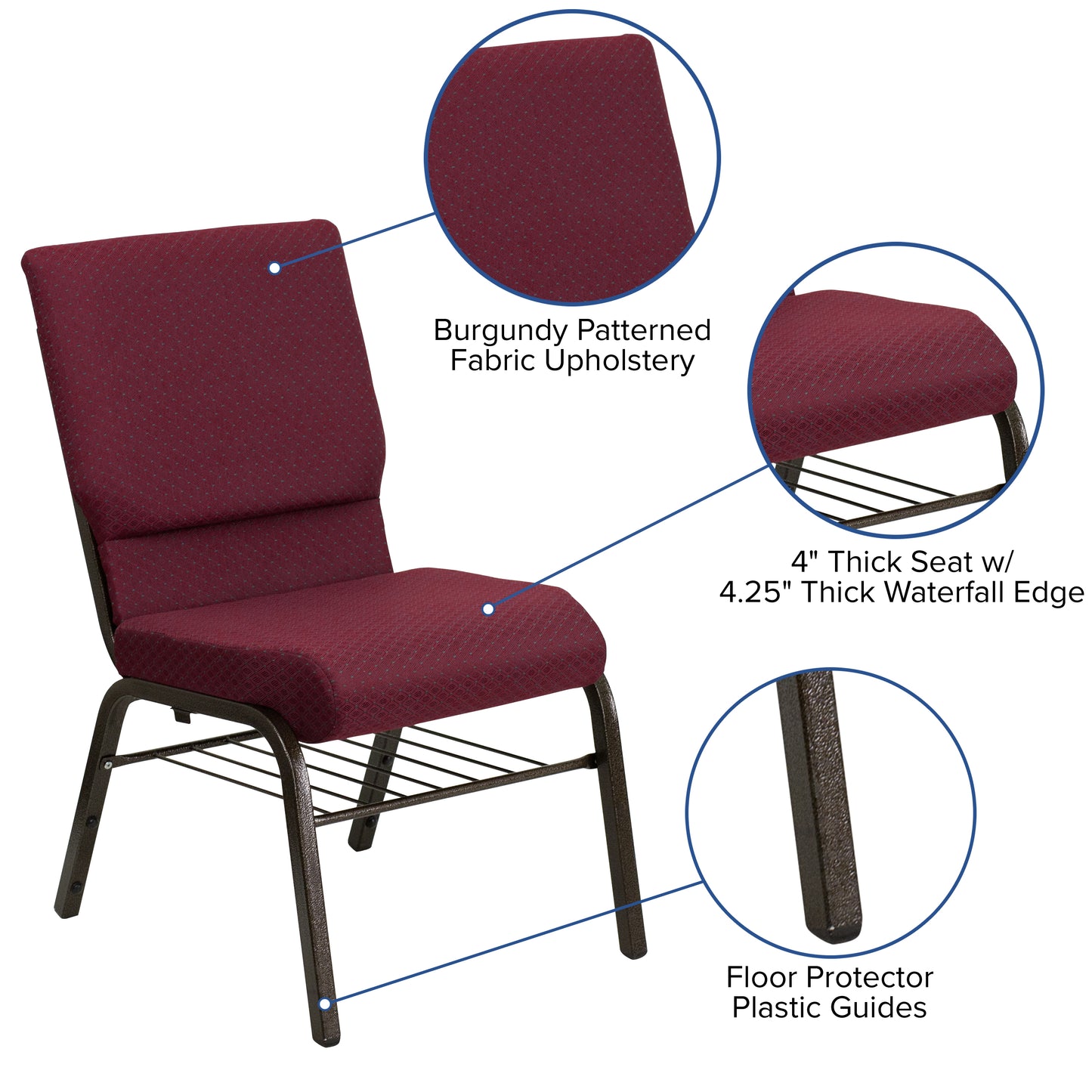 HERCULES Series 18.5''W Church Chair in Burgundy Patterned Fabric with Book Rack - Gold Vein Frame Burgundy Patterned Fabric/Gold Vein Frame