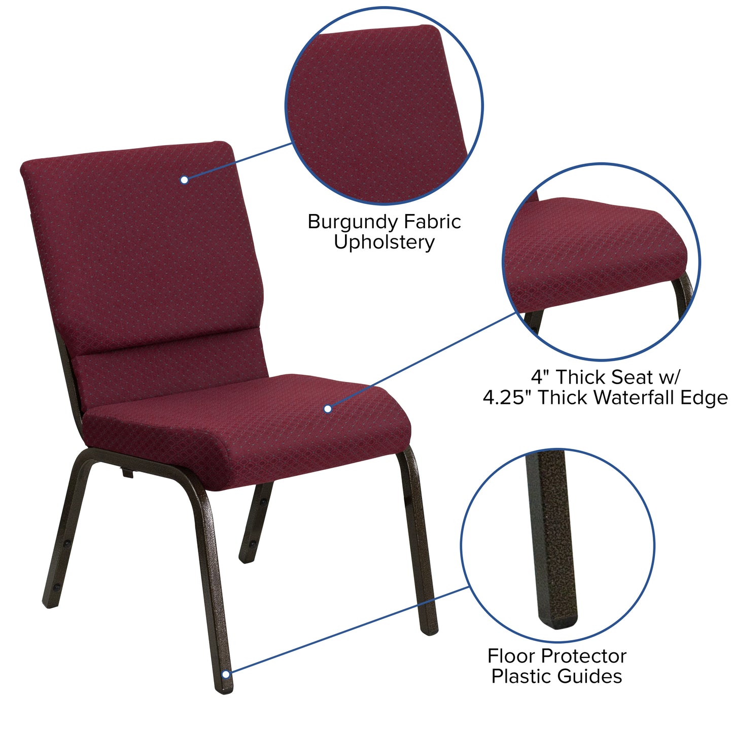 HERCULES Series 18.5''W Stacking Church Chair in Burgundy Patterned Fabric - Gold Vein Frame Burgundy Patterned Fabric/Gold Vein Frame