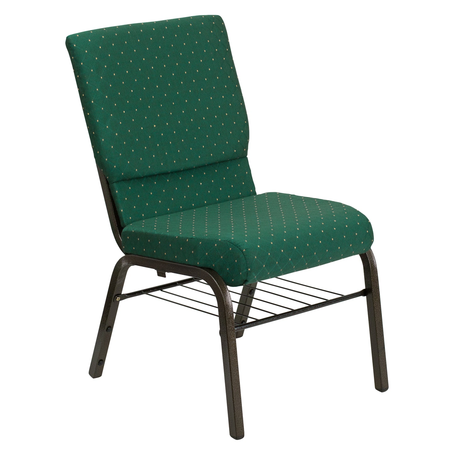 HERCULES Series 18.5''W Church Chair in Green Patterned Fabric with Book Rack - Gold Vein Frame Green Patterned Fabric/Gold Vein Frame