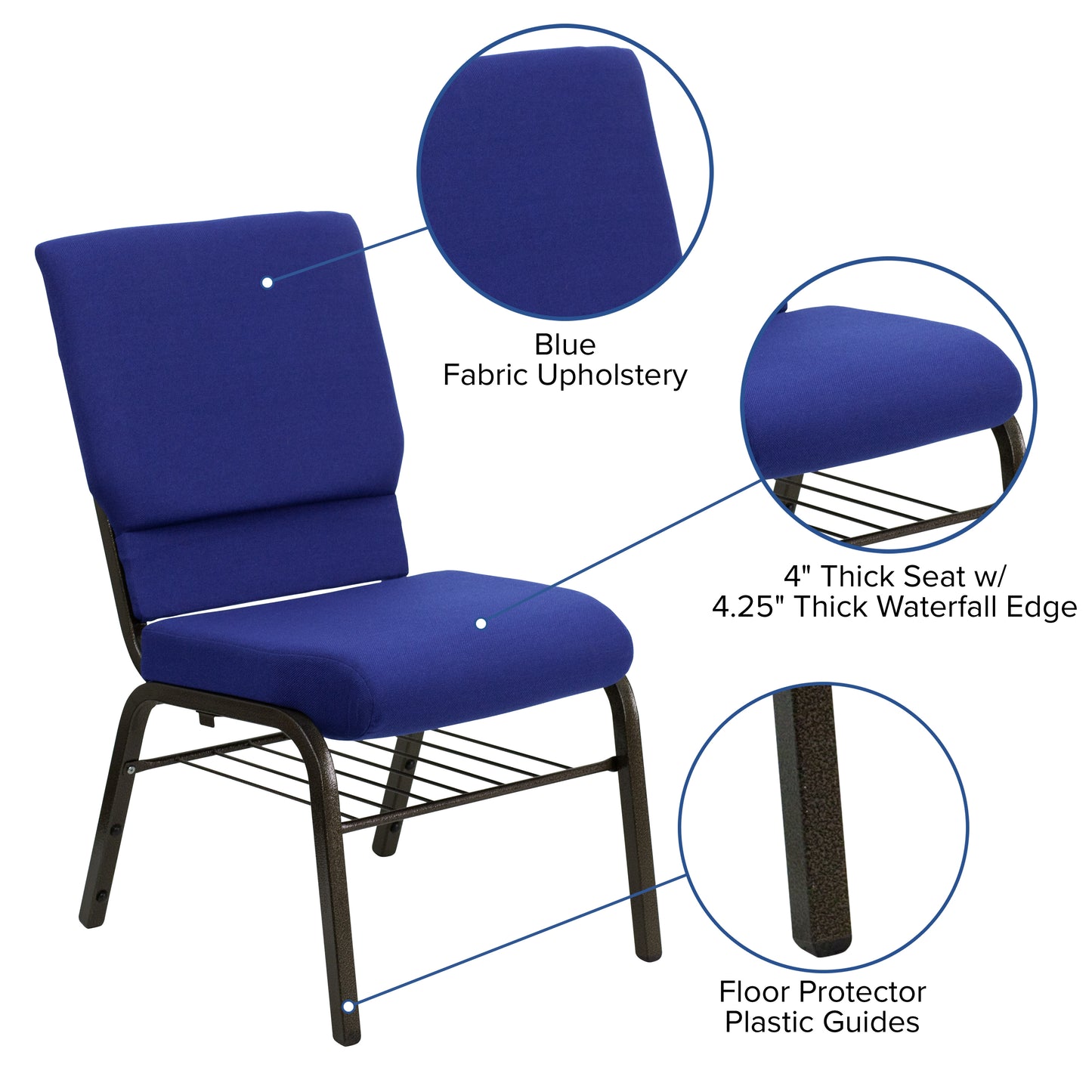 HERCULES Series 18.5''W Church Chair in Navy Blue Fabric with Book Rack - Gold Vein Frame Navy Blue Fabric/Gold Vein Frame