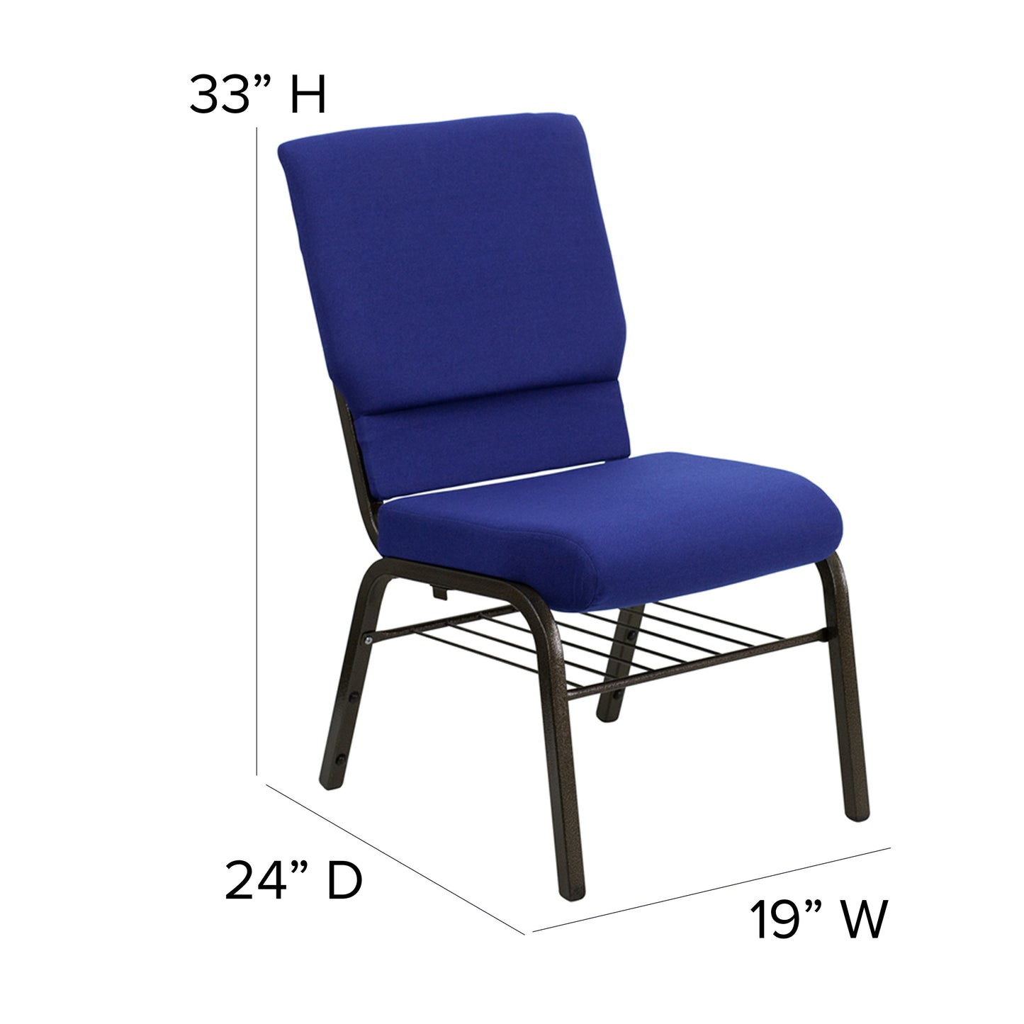 HERCULES Series 18.5''W Church Chair in Navy Blue Fabric with Book Rack - Gold Vein Frame Navy Blue Fabric/Gold Vein Frame