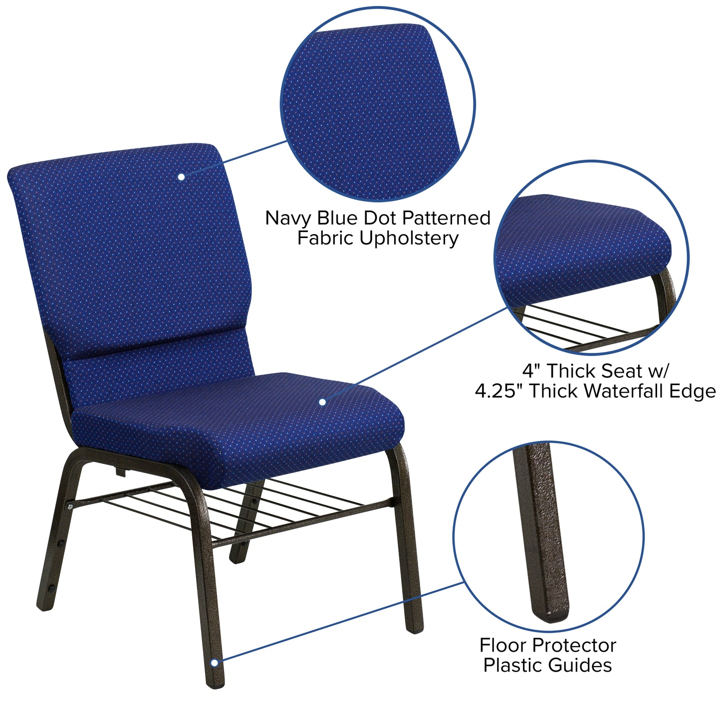 HERCULES Series 18.5''W Church Chair in Navy Blue Patterned Fabric with Book Rack - Gold Vein Frame Navy Blue Patterned Fabric/Gold Vein Frame