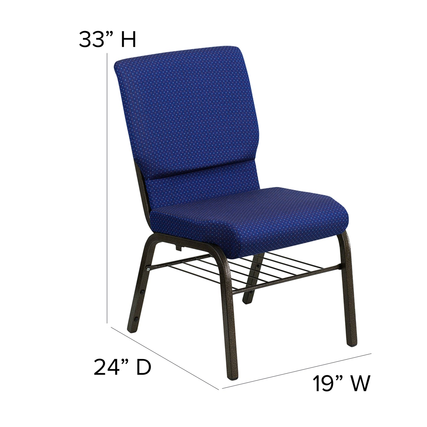 HERCULES Series 18.5''W Church Chair in Navy Blue Patterned Fabric with Book Rack - Gold Vein Frame Navy Blue Patterned Fabric/Gold Vein Frame