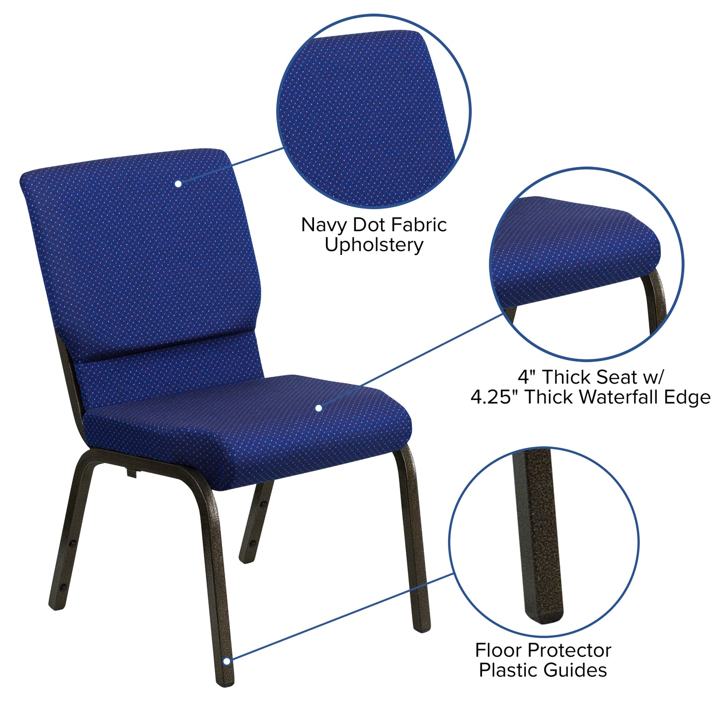 HERCULES Series 18.5''W Stacking Church Chair in Navy Blue Patterned Fabric - Gold Vein Frame Navy Blue Patterned Fabric/Gold Vein Frame