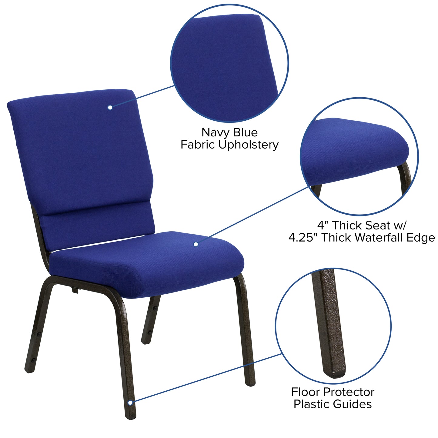 HERCULES Series 18.5''W Stacking Church Chair in Navy Blue Fabric - Gold Vein Frame Navy Blue Fabric/Gold Vein Frame