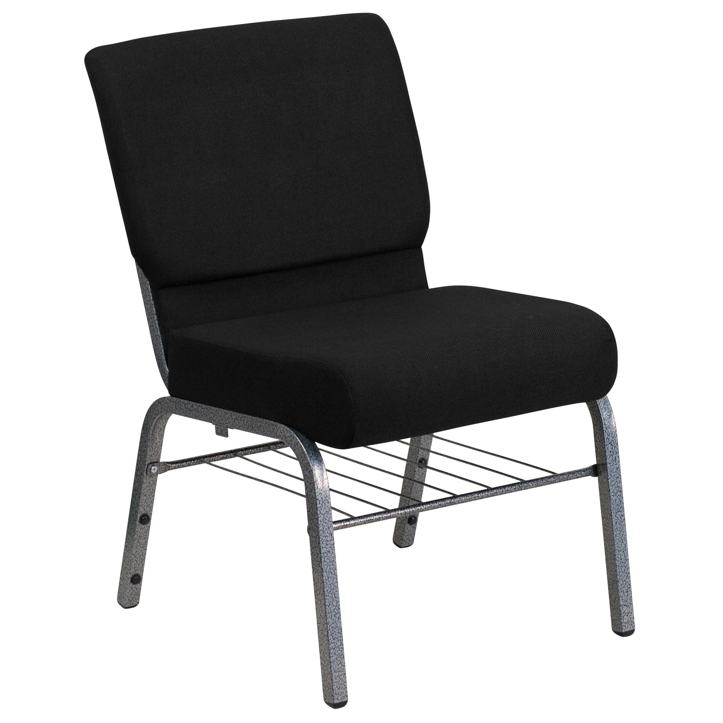 HERCULES Series 21''W Church Chair in Black Fabric with Book Rack - Silver Vein Frame Black Fabric/Silver Vein Frame