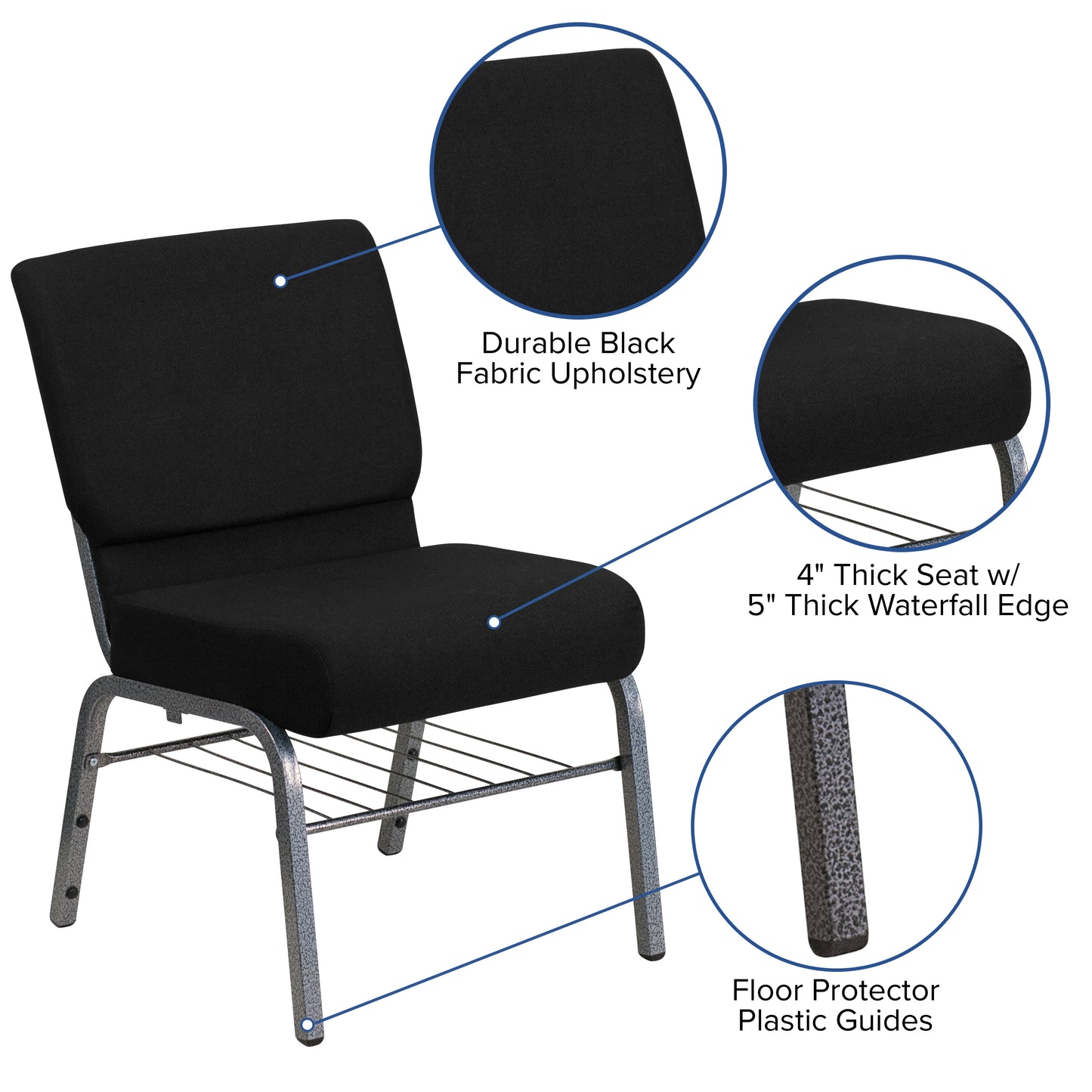 HERCULES Series 21''W Church Chair in Black Fabric with Book Rack - Silver Vein Frame Black Fabric/Silver Vein Frame