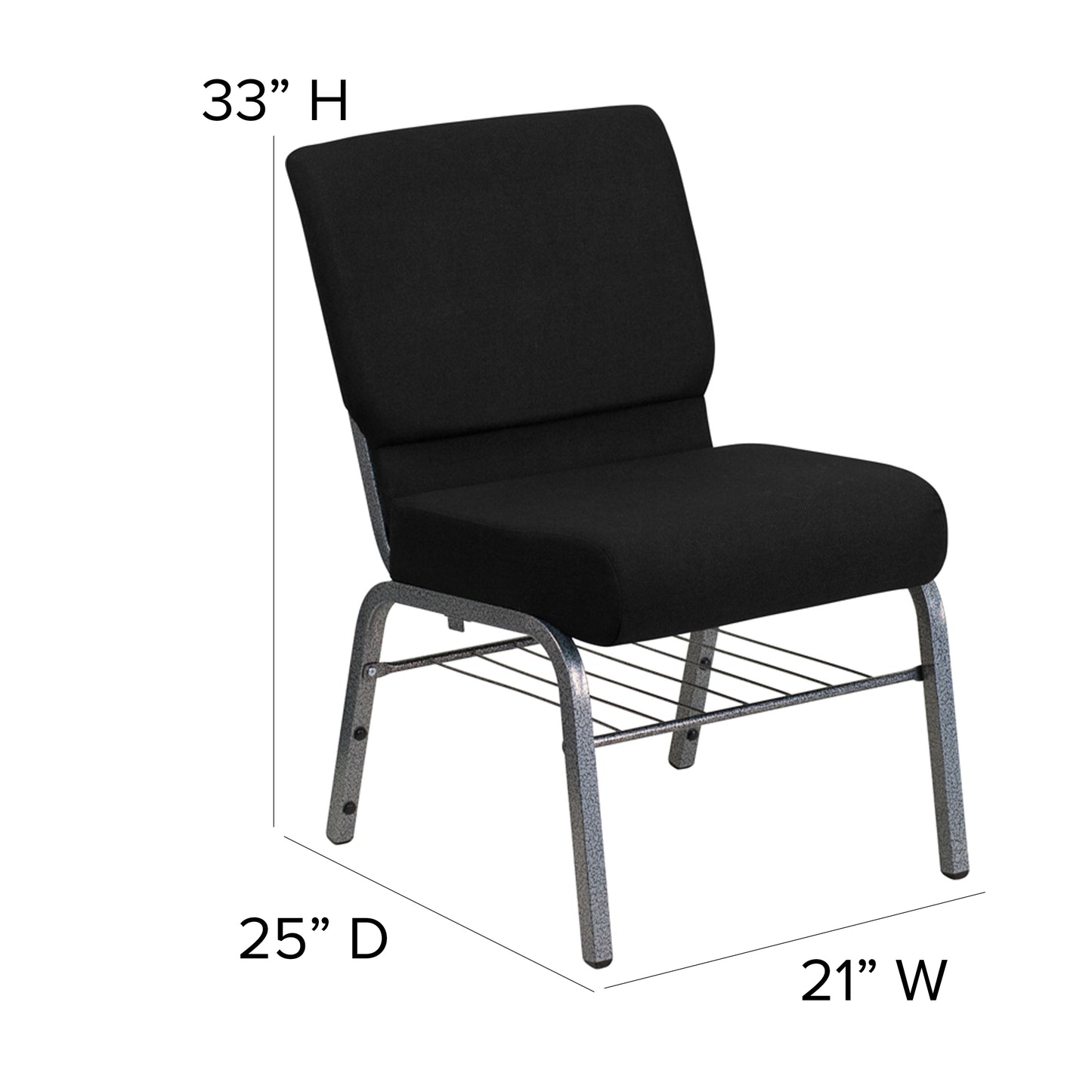 HERCULES Series 21''W Church Chair in Black Fabric with Book Rack - Silver Vein Frame Black Fabric/Silver Vein Frame