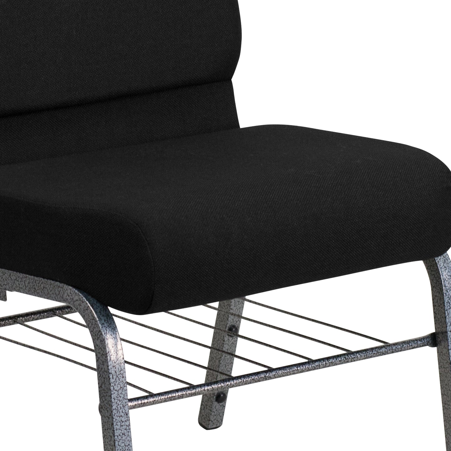 HERCULES Series 21''W Church Chair in Black Fabric with Book Rack - Silver Vein Frame Black Fabric/Silver Vein Frame